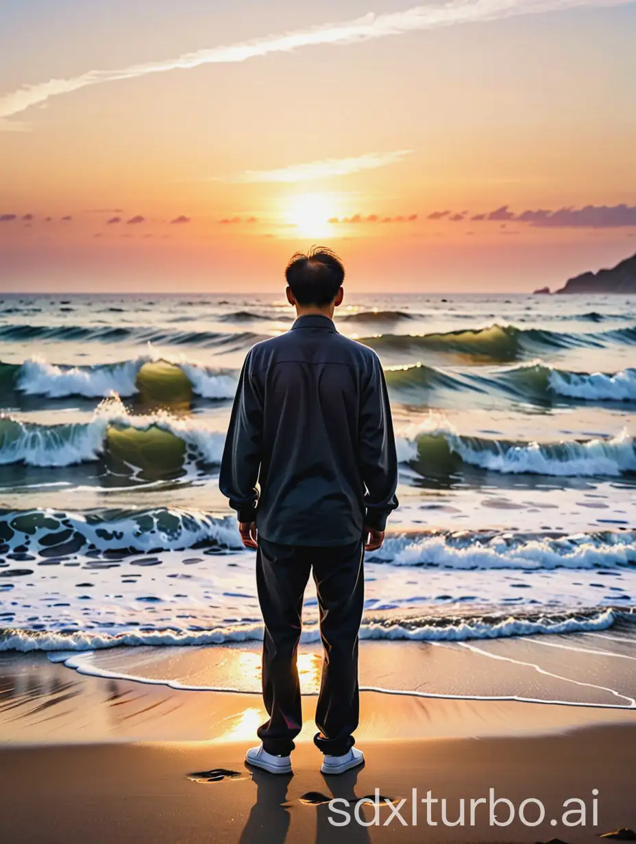 A middle-aged Chinese man, alone, standing in a dark place by the sea, surrounded by black air, back to the camera, facing the slowly rising sun, with space waves rolling around.