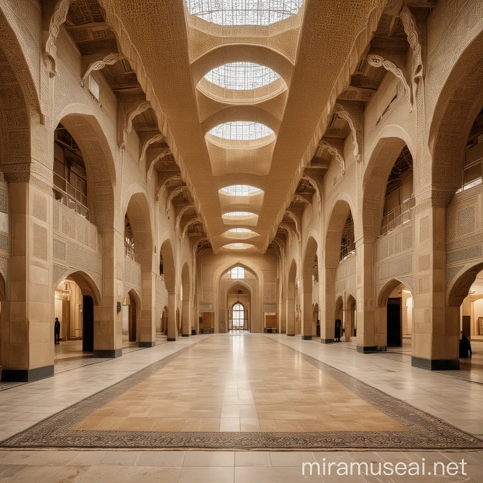 interior, museum, square show hall, modern iranian style, architecture concept, museum about architecture, close ceiling