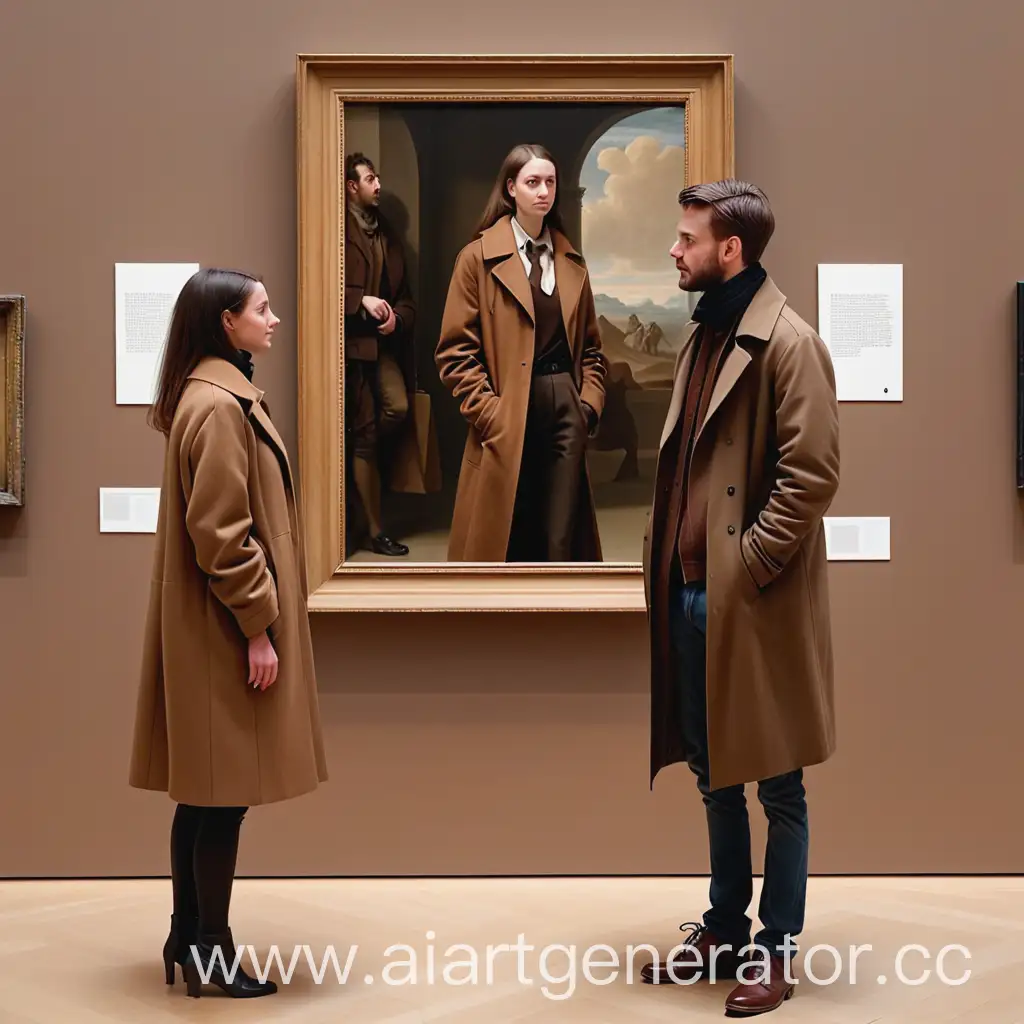 2 незнакомых людей: женщина и мужчина (оба в коричневом пальто) встретились взглядами в музее перед большой картиной с небольшим расстоянием друг от друга