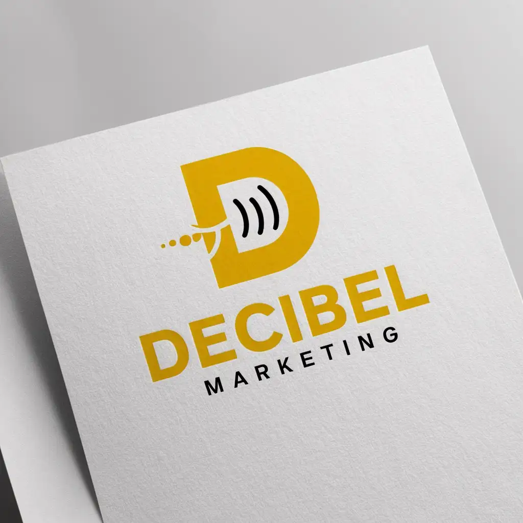 a logo design,with the text "DECIBEL MARKETING", main symbol:the logo is clean and minimalist. this logo should include audio, voice, or music theme. preferred color bright. must be logo in the white paper mockup,Moderate,clear background