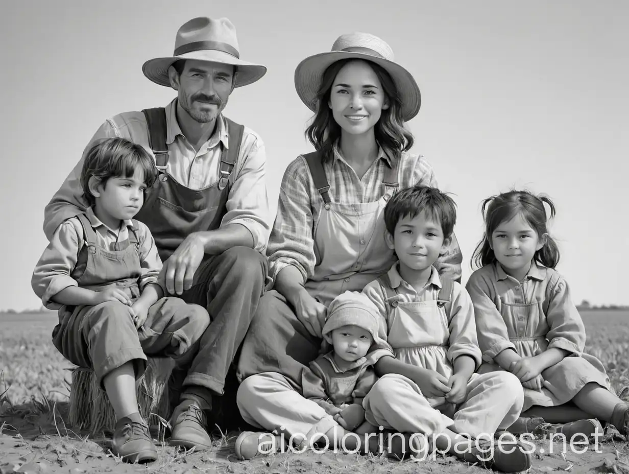 A farmer sits with his wife and five children, Coloring Page, black and white, line art, white background, Simplicity, Ample White Space. The background of the coloring page is plain white to make it easy for young children to color within the lines. The outlines of all the subjects are easy to distinguish, making it simple for kids to color without too much difficulty