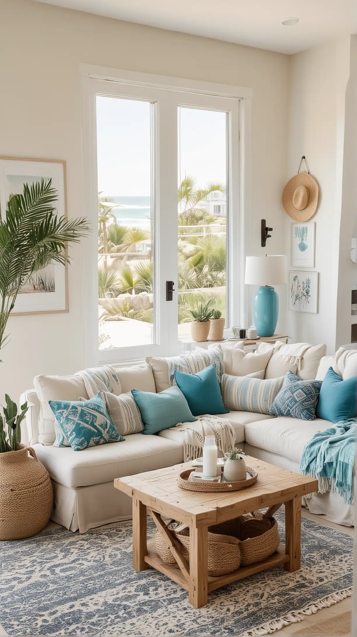 "A boho-coastal living room with neutral walls, blue and turquoise accents like pillows and throws, natural light, and minimalist decor. The space is serene and airy, embodying a beachy feel."