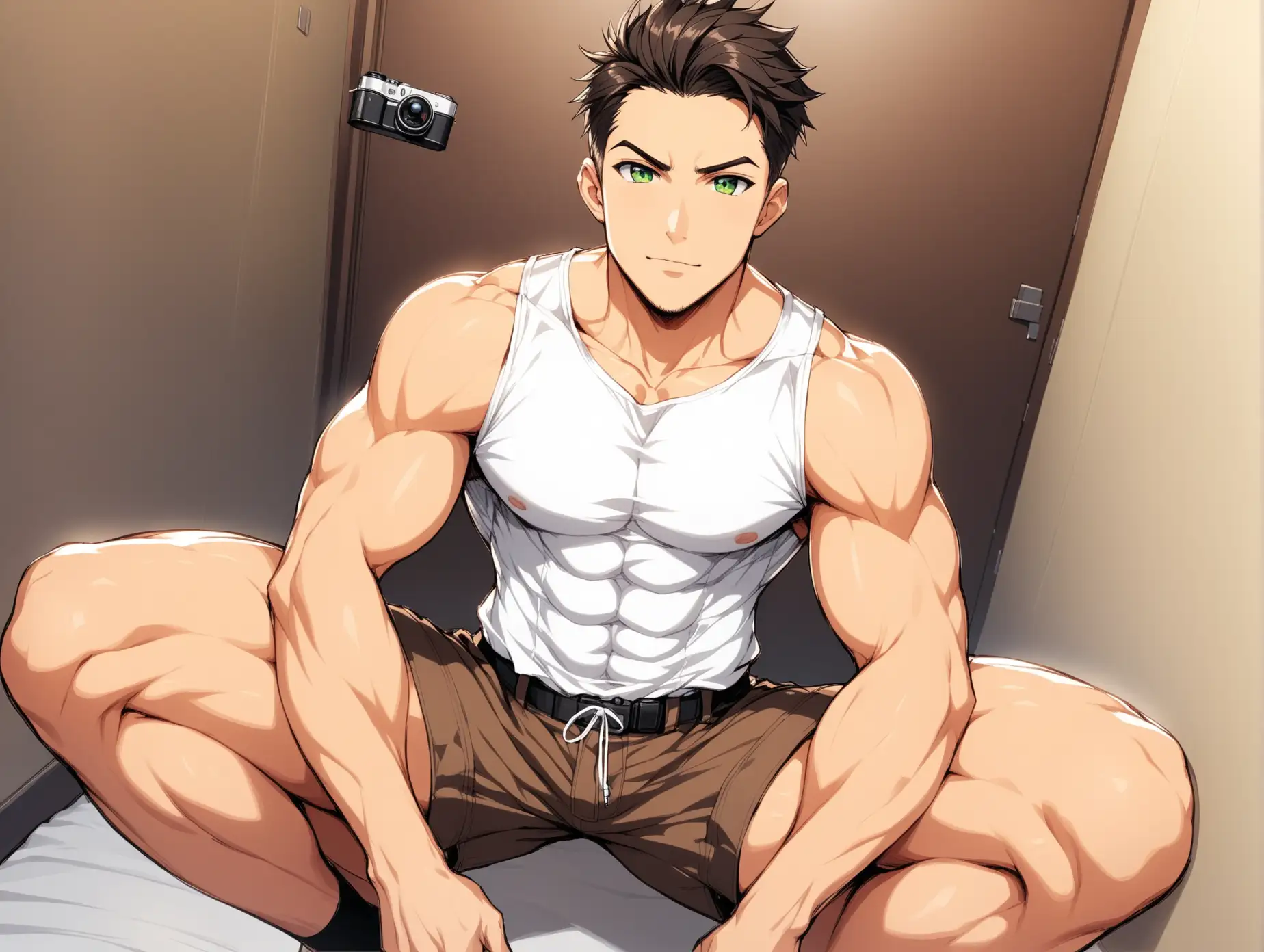 Muscular-Man-in-White-Shirt-and-Brown-Shorts