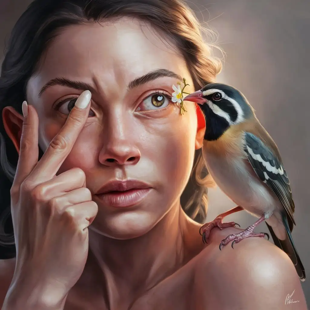 Hyperrealistic Digital Painting of Woman Holding Eye Open with Myna Bird and Flower