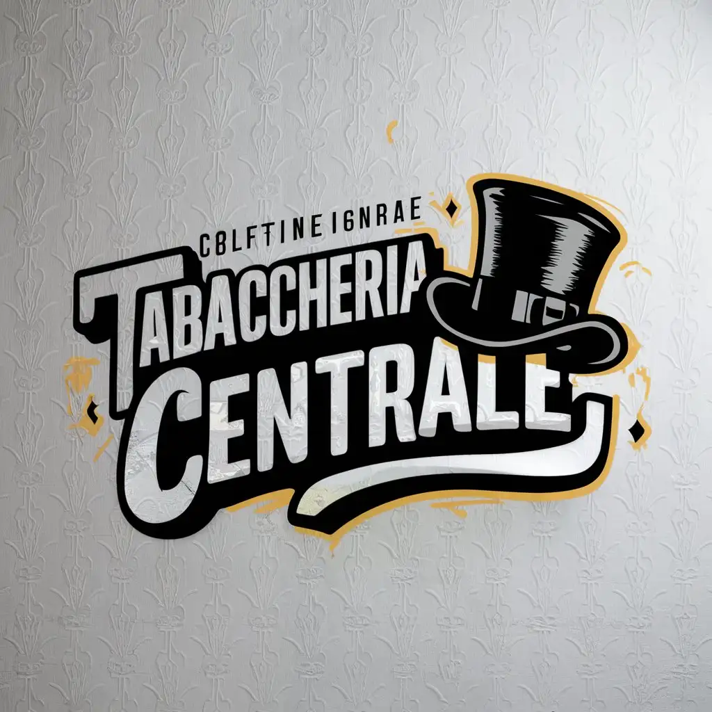 a circular logo. Graffiti style text "Tabaccheria Centrale" with a black top hat on it. White wallpaper.