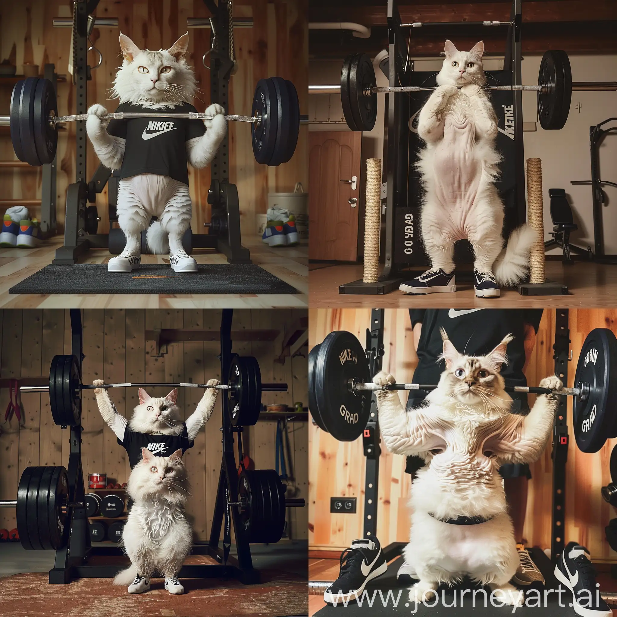 A white Maine Coon cat grew up on chicken and rice, he goes to the gym every day where he pumps his muscles, now he is in the gym and lifts a barbell weighing 150 kilograms, he is wearing NIKE sneakers and a black T-shirt with the text"GRAND"