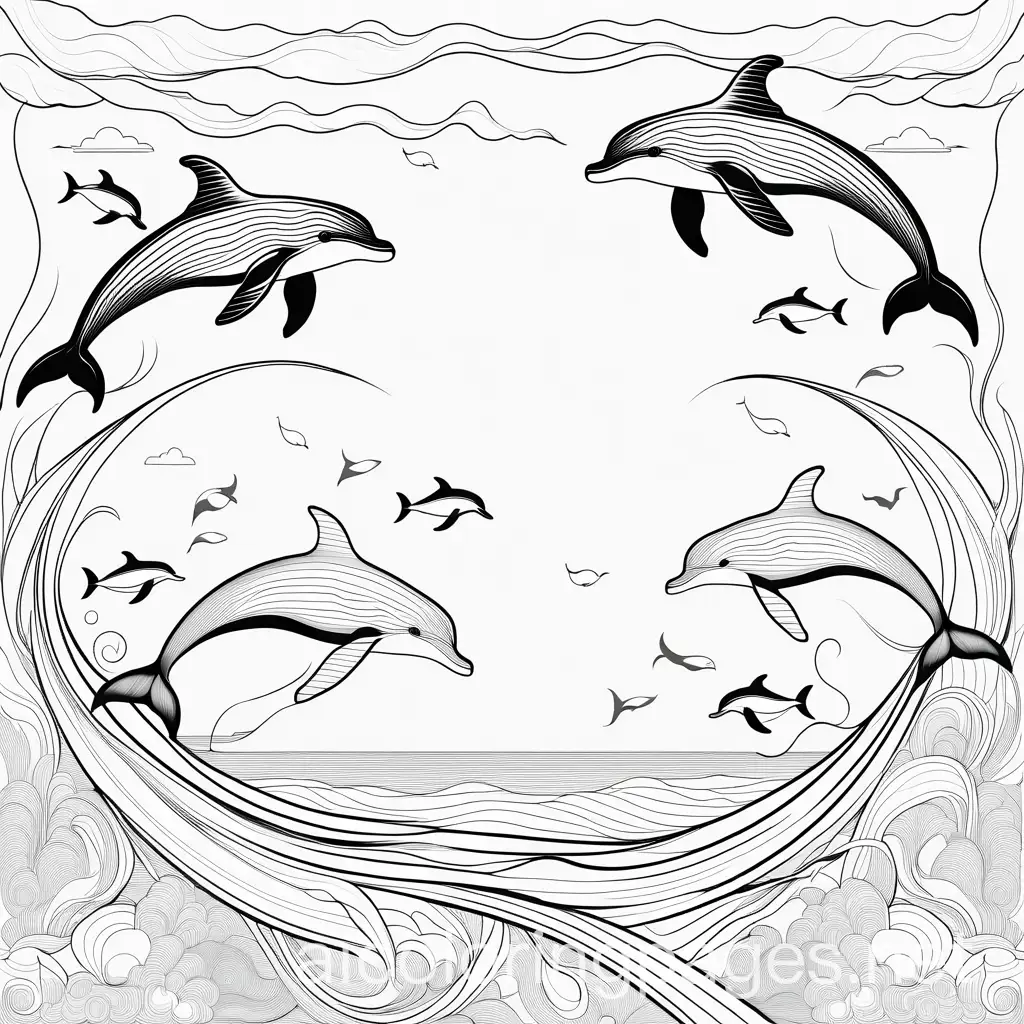 WHALES AND DOLPHINS SWIMMING IN THE SKY, Coloring Page, black and white, line art, white background, Simplicity, Ample White Space. The background of the coloring page is plain white to make it easy for young children to color within the lines. The outlines of all the subjects are easy to distinguish, making it simple for kids to color without too much difficulty