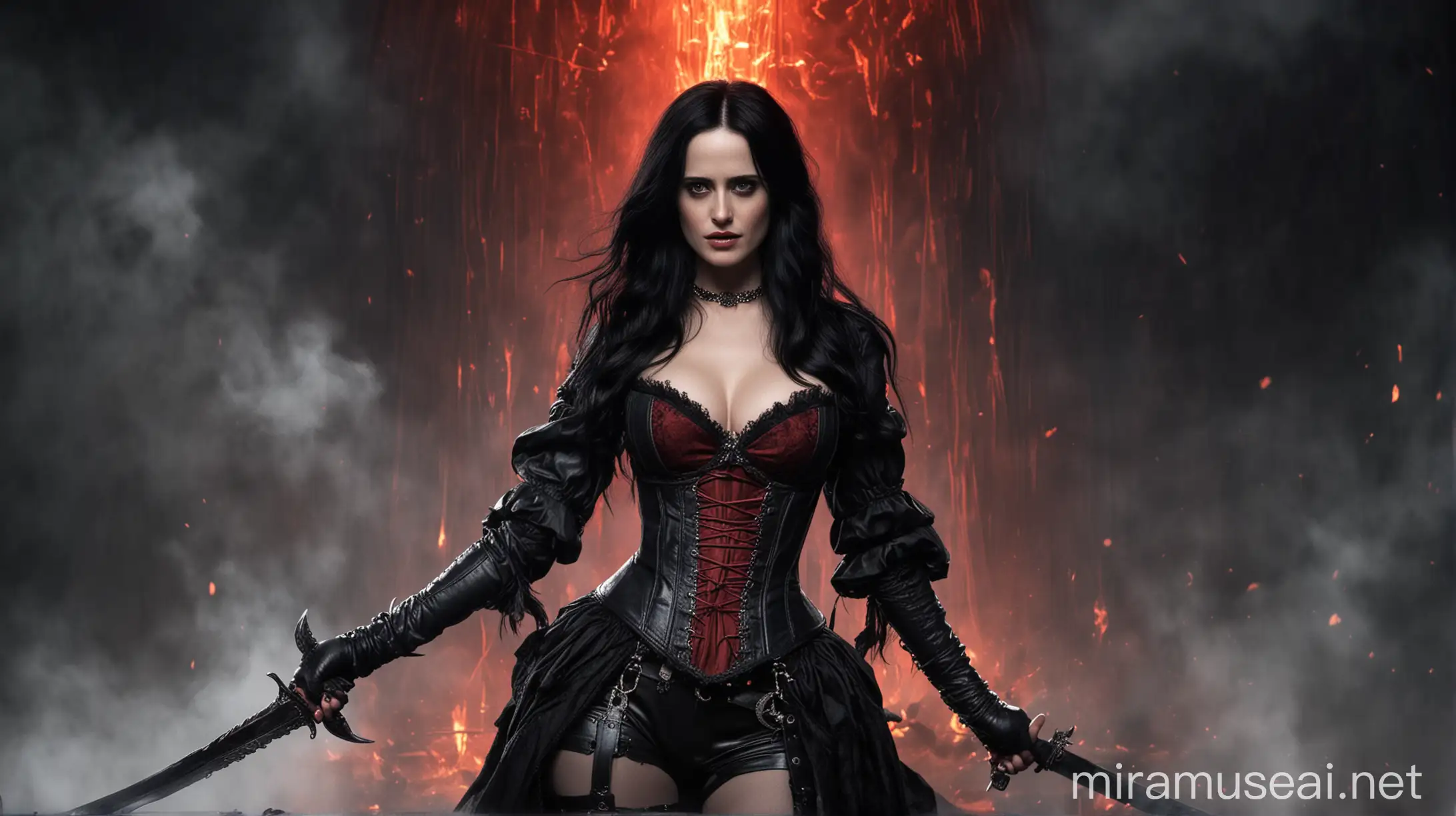 Eva Green as sexy Yennefer of Vengerberg, sexy red corset, as sorceress, sword, The Witcher game, Mystic, Mystery, magic, fire background, fog, ultra detail, hi resolution