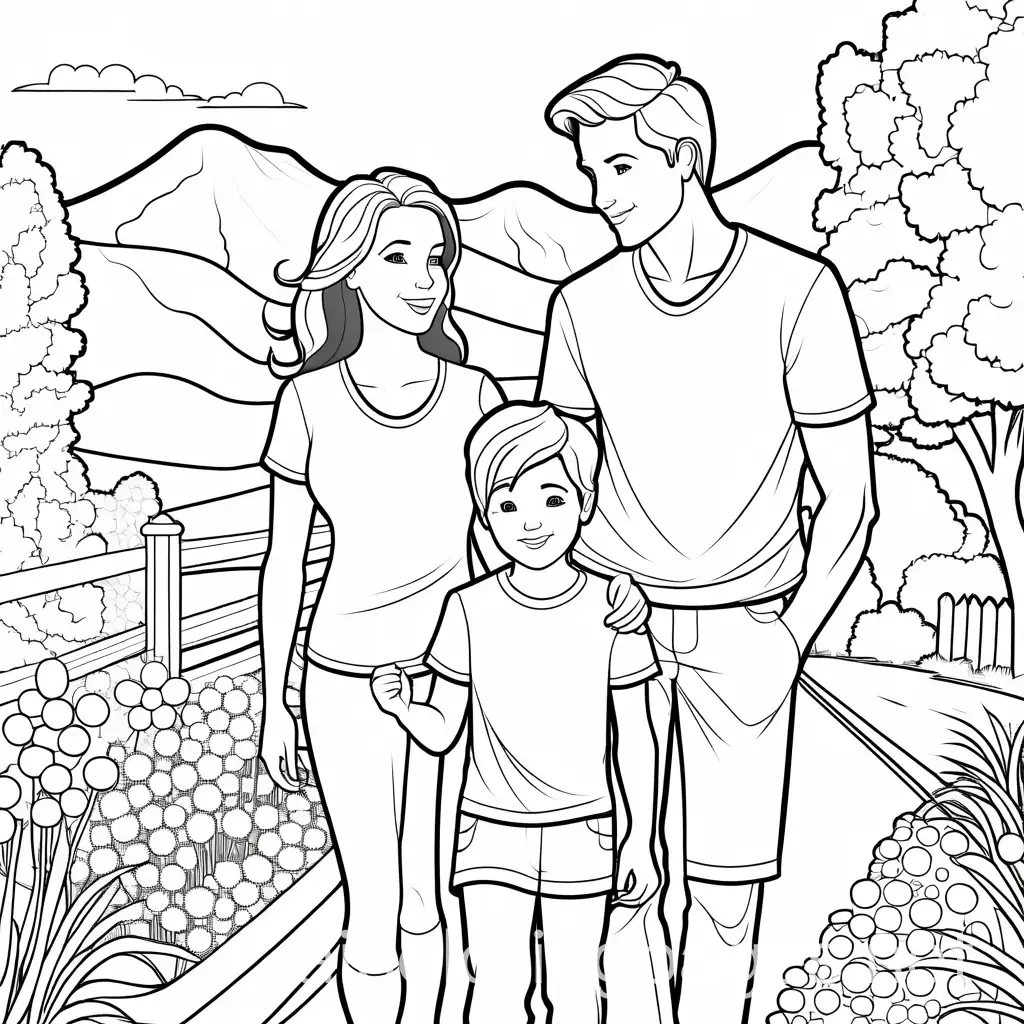 Mom and son outside , Coloring Page, black and white, line art, white background, Simplicity, Ample White Space. The background of the coloring page is plain white to make it easy for young children to color within the lines. The outlines of all the subjects are easy to distinguish, making it simple for kids to color without too much difficulty