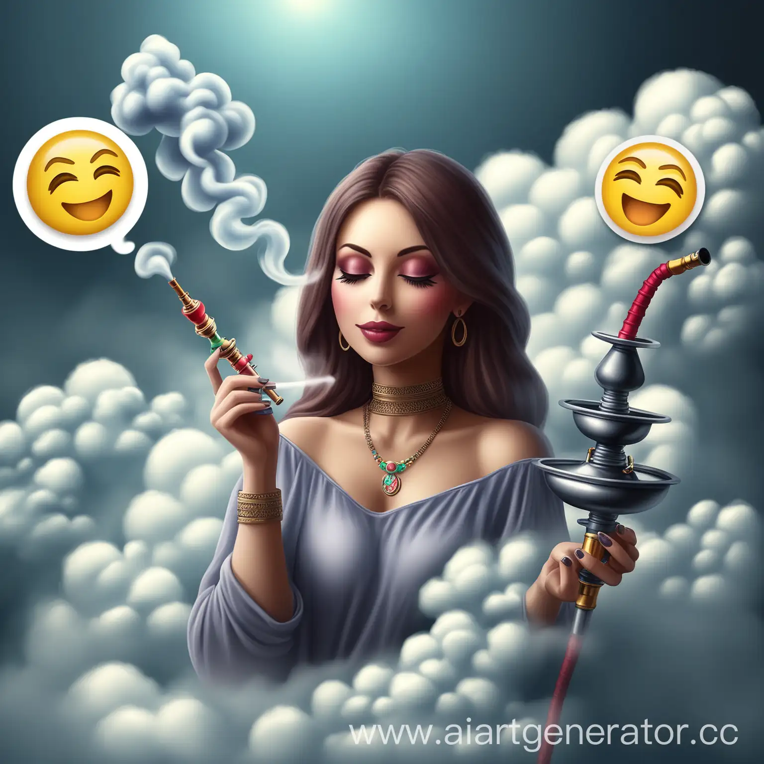 Эмодзи бицепса женщины курит кальян на облаке, реалистичный стиль