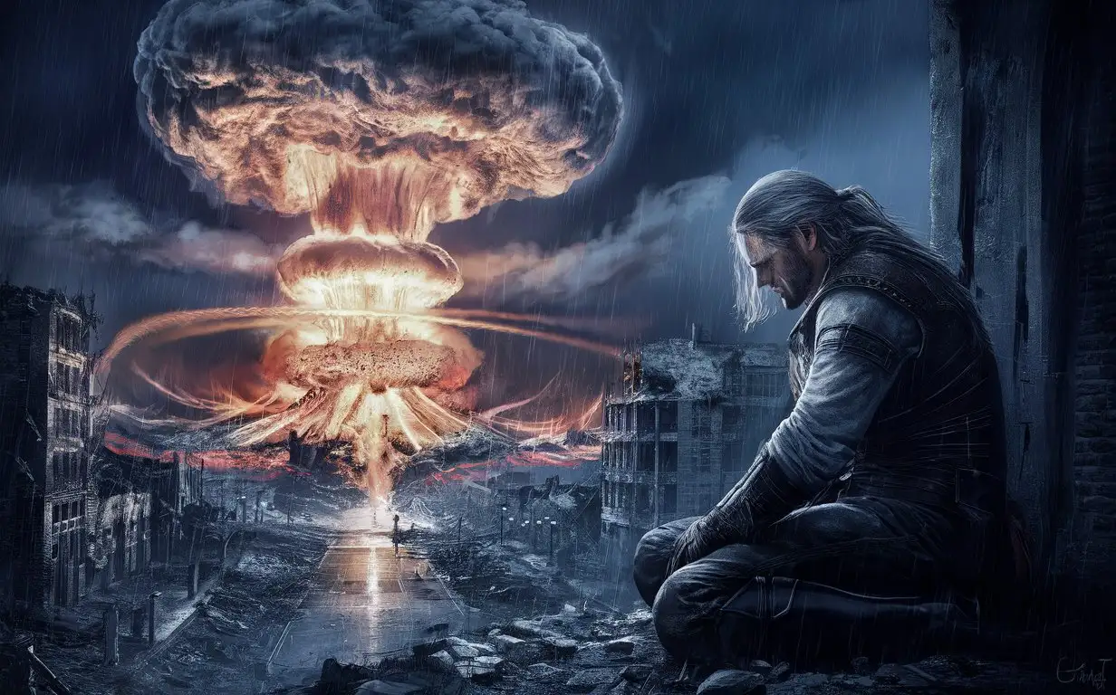nuclear bomb explosion goes nuclear explosion goes wave from nuclear explosion megapolis destroyed by nuclear bomb and horrible atmosphere died city goes rain geralt sad face crying and looking at nuclear explosion kneeling