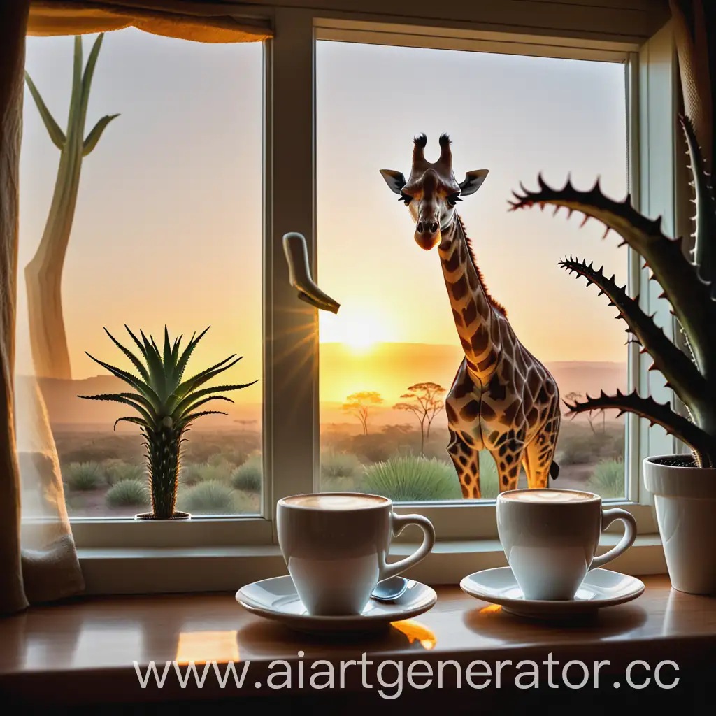 Жираф, кружка с кофе, на фоне окно, за окном утро, алое солнце. Стиль мультяшный