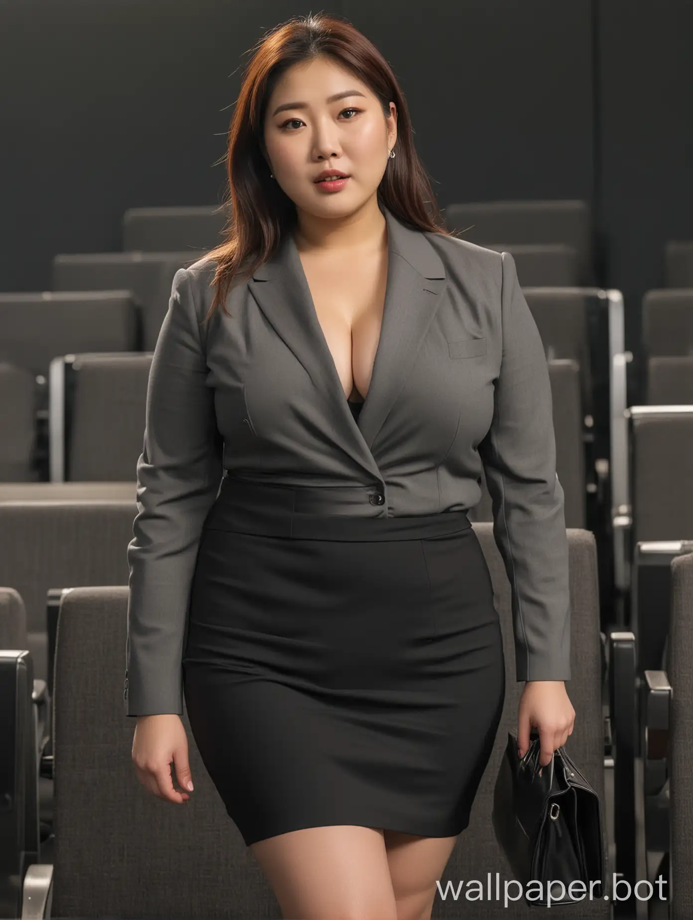 South Korean plus-size voluptuous woman, wearing business tight pencil skirt, business deep V suit, black stockings, in Tokyo movie theater 4K quality