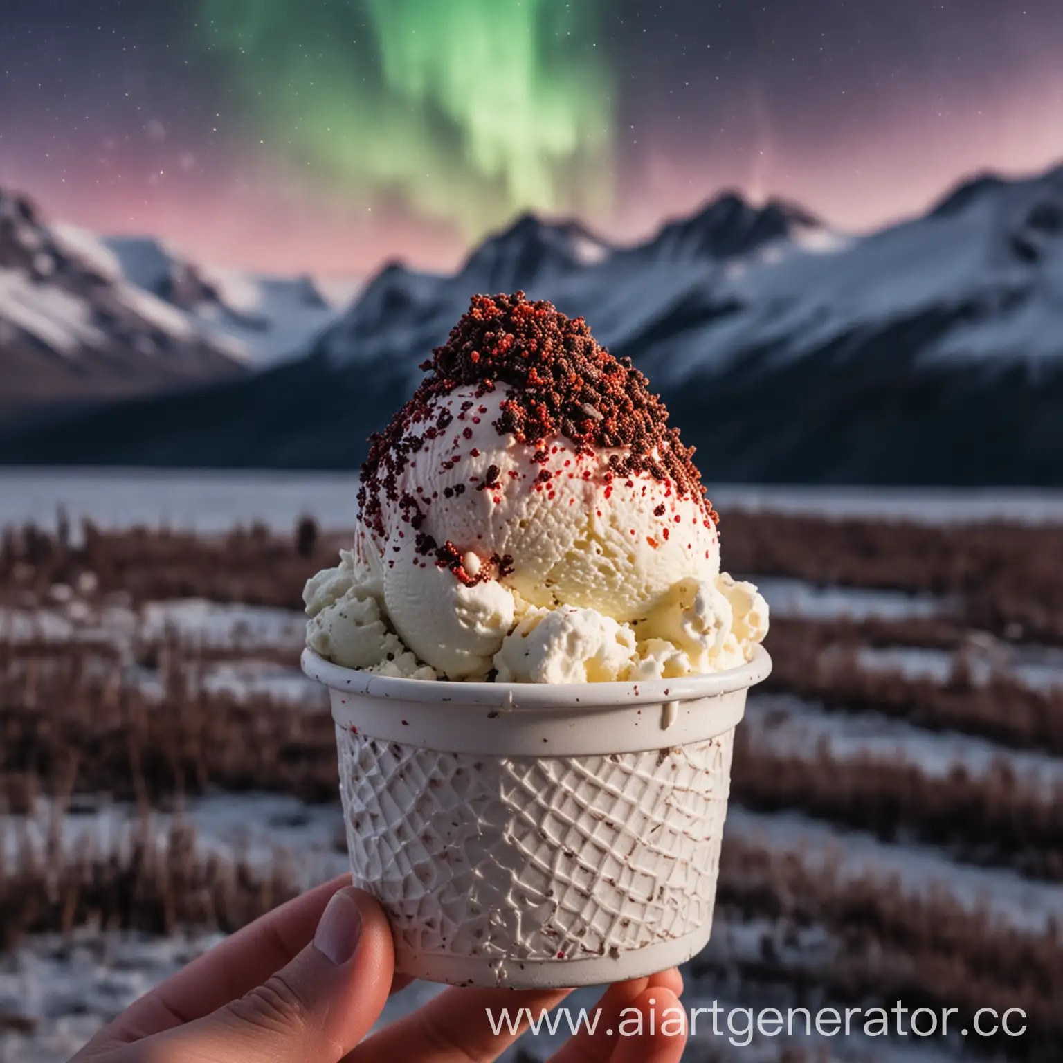 стаканчик мороженного белого цвета без логотипов, мороженное со струшкой вяленного мяса дикого оленя, в куе человека, на заднем фоне северное сияние и горы