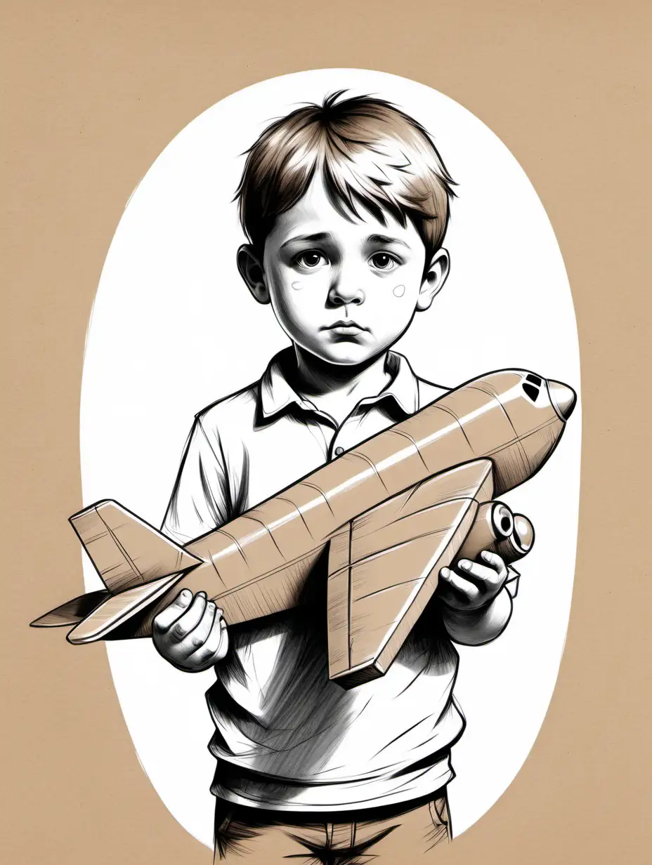 Sad Little boy holding brown cardboard plane, black and white sketch.