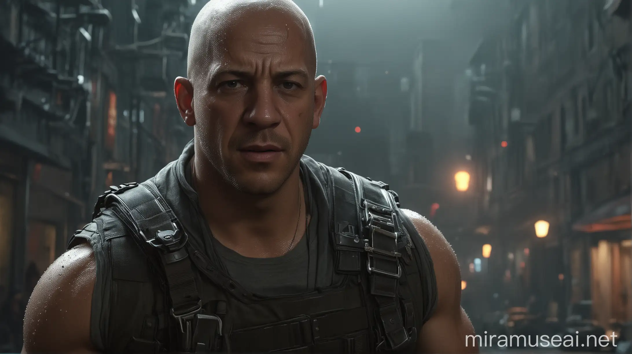 Intense Vin Diesel in Tactical Outfit Under Cinematic Spotlight