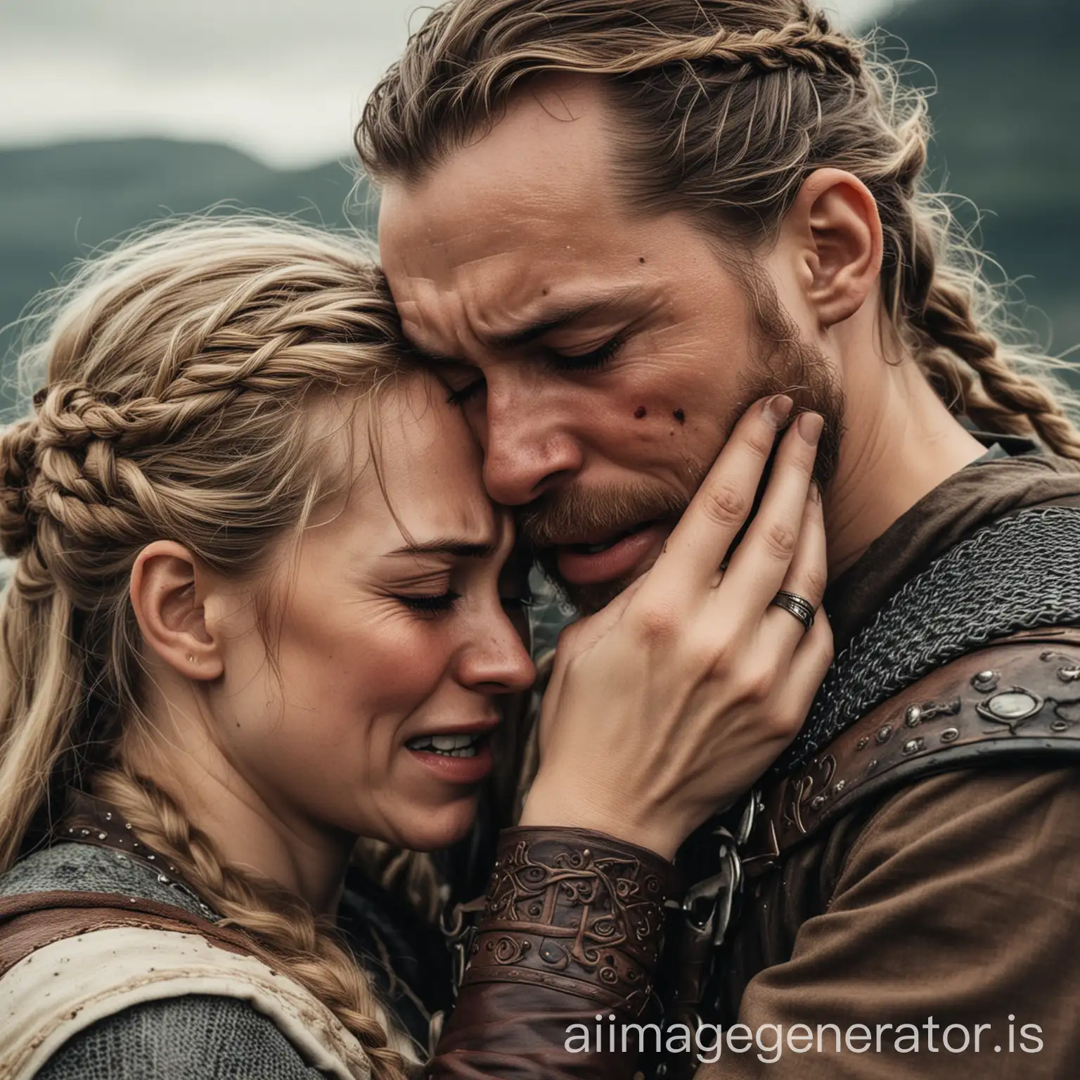 a woman crying and holding onto her viking husband