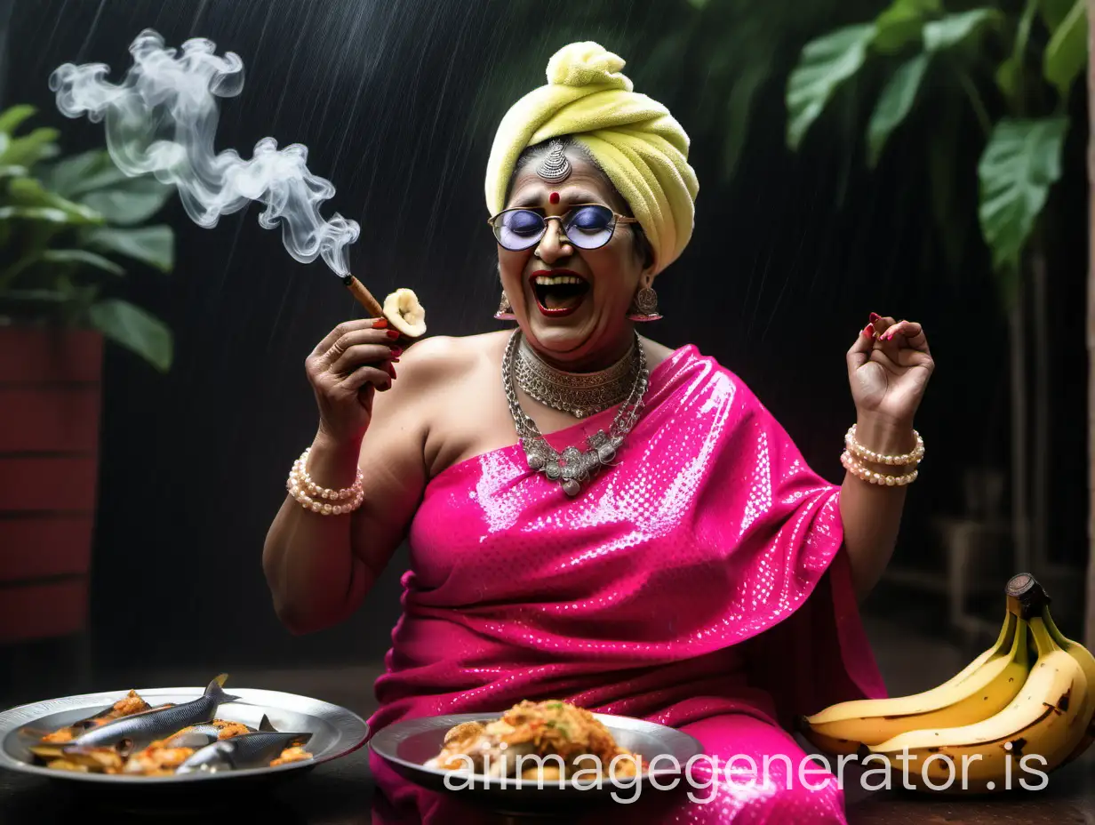 
a indian mature  fat woman having big stomach age 57 years old attractive looks with make up on face ,binding her high volume  bleached hairs, open  gajra bun Hairstyle. wearing metal anklet on feet and high heels, eating a banana  in her hand  , smoke is coming out from cigar  . she is happy and laughing . she is wearing pearl neck lace in her neck , earrings in ears, a gold spectacles with chain holder on her eyes and wearing  only a  neon velvet pink bath towel on her body. she is sitting on a  luxurious  dining table and eating fish. a lot of fish dishes  
 are on the dining table, in a luxurious palace  and enjoying the rain  ,  three black cats are siting near her  and its night time . its raining very heavy . show images from back side.
