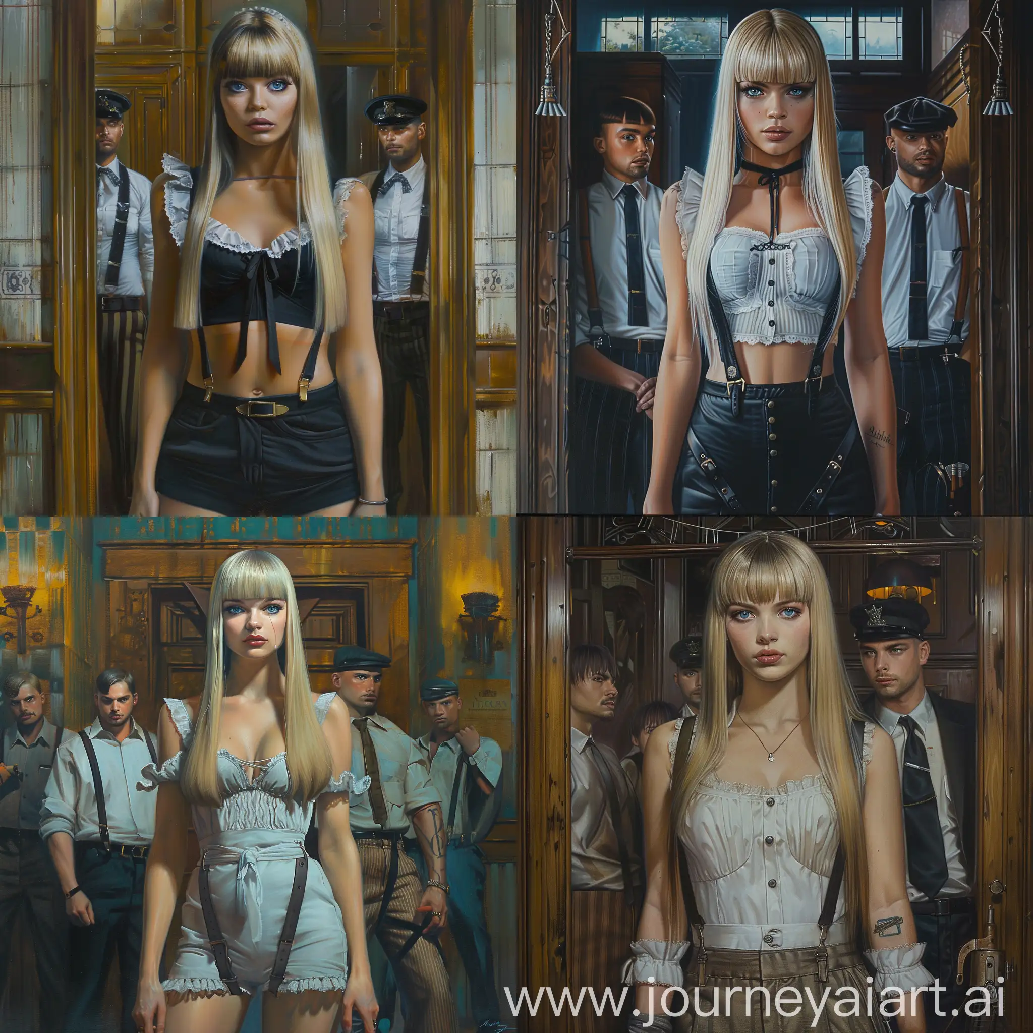A beautiful, slender and chic-waisted blonde with long straight hair and bangs on her left eye in a maid costume with blue eyes, dressed in mafia clothes, trousers with suspenders, at the head of the mafia, oil, painting 