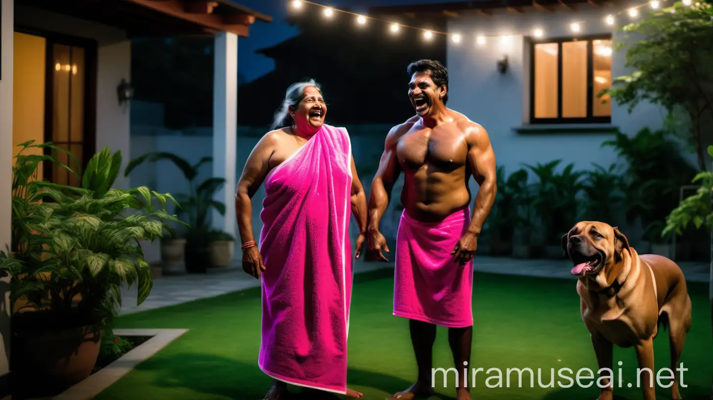 
a 23 years indian muscular man is standing with a 49 years  indian mature fat woman   . both are wearing wet neon pink bath towel and standing  in a garden ,and are happy and laughing. and a  big dog is near them. they are in a big luxurious farm house courtyard. its night time and lights are there. 