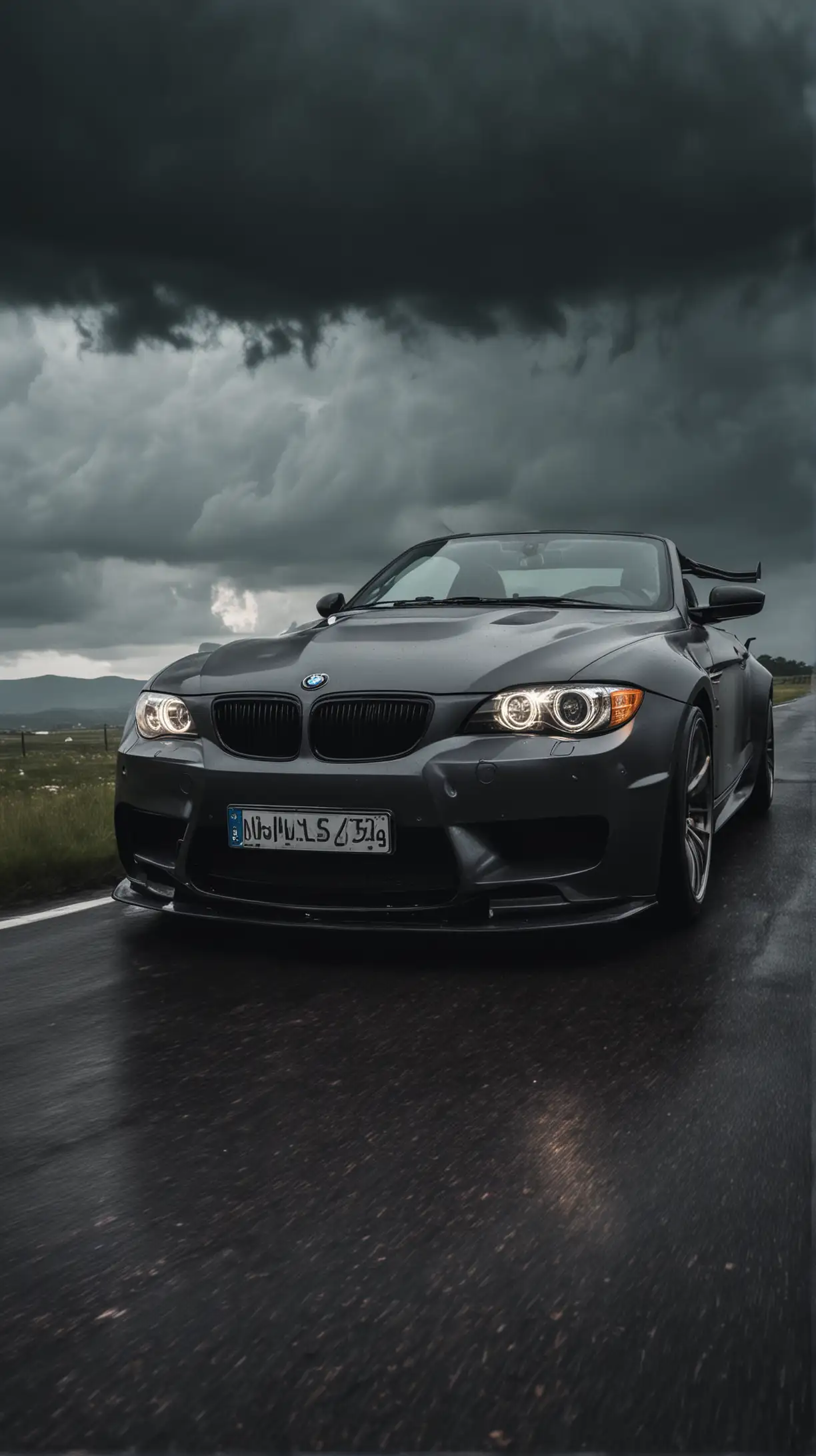 BMW Super Sports Car with Headlights Illuminated Against Dramatic Black Clouds