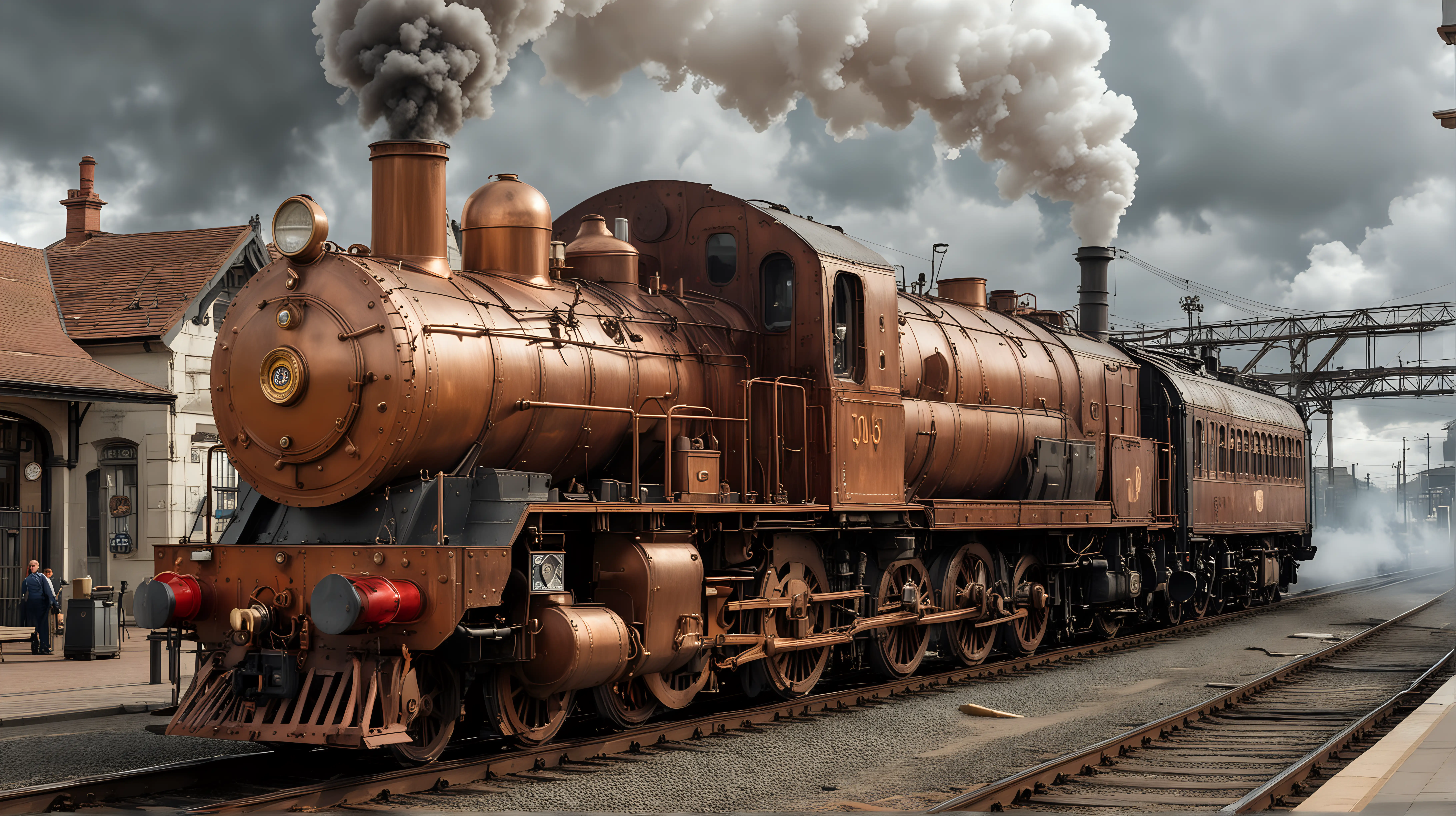 A very big steampunk diesel locomotive waits near a semaphore waiting for entering a steampunk railway station, much steam and smoke, the locomotive is made of copper and brass, cloudy