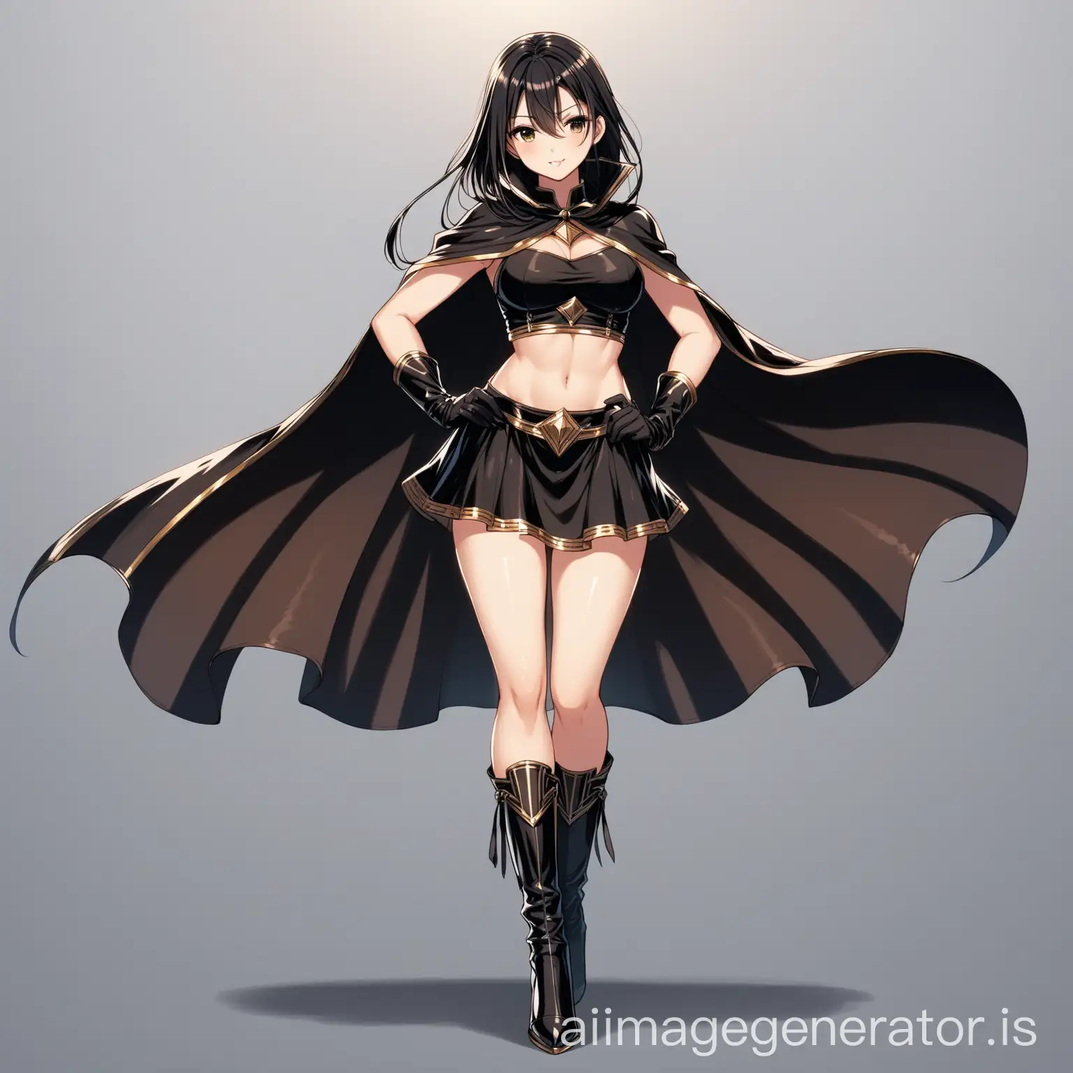 hot anime girl in an attractive black dress goddess costume wearing a croptop, skirt, long leather gloves, long leather boot heels and a cape