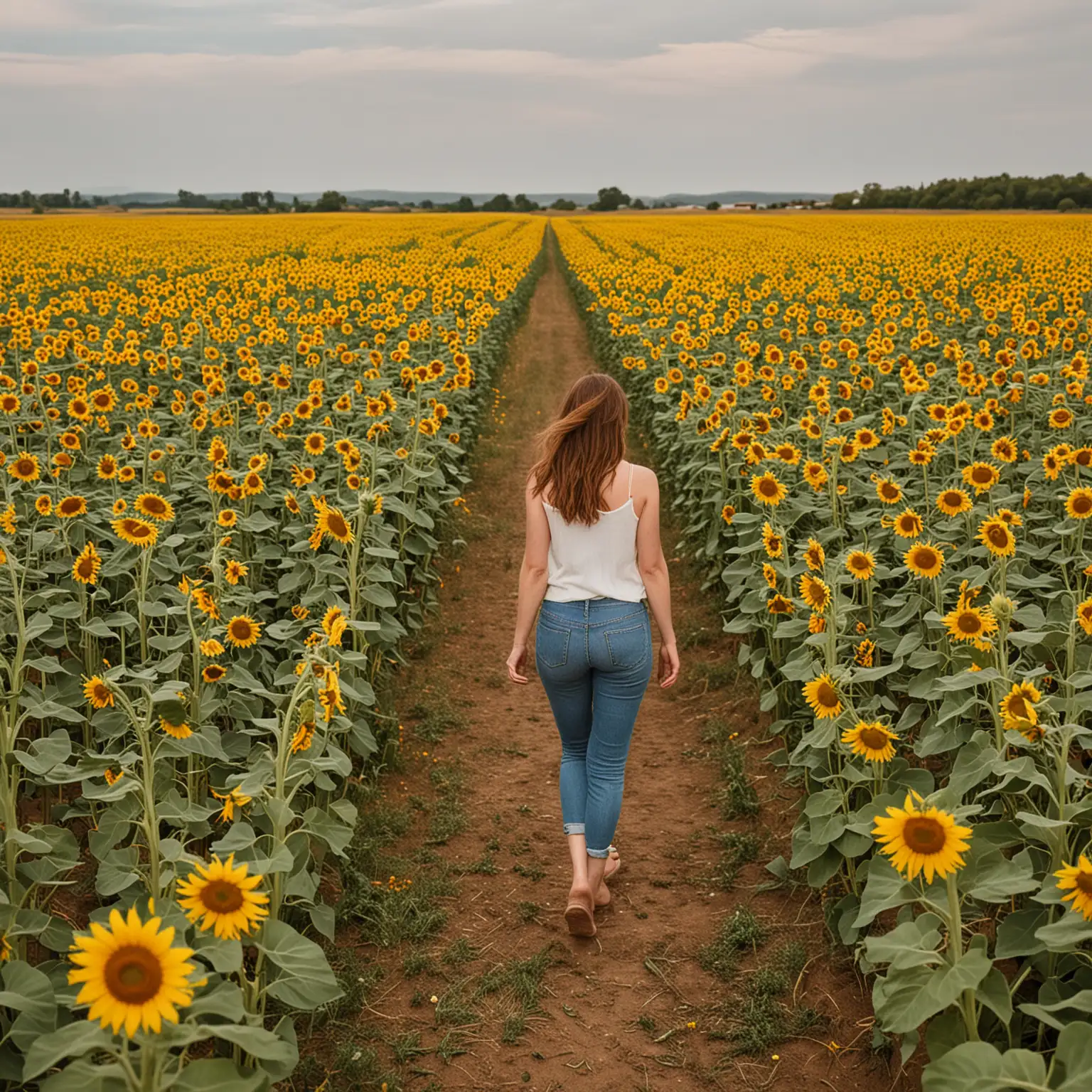 woman walking through field of sunflowers