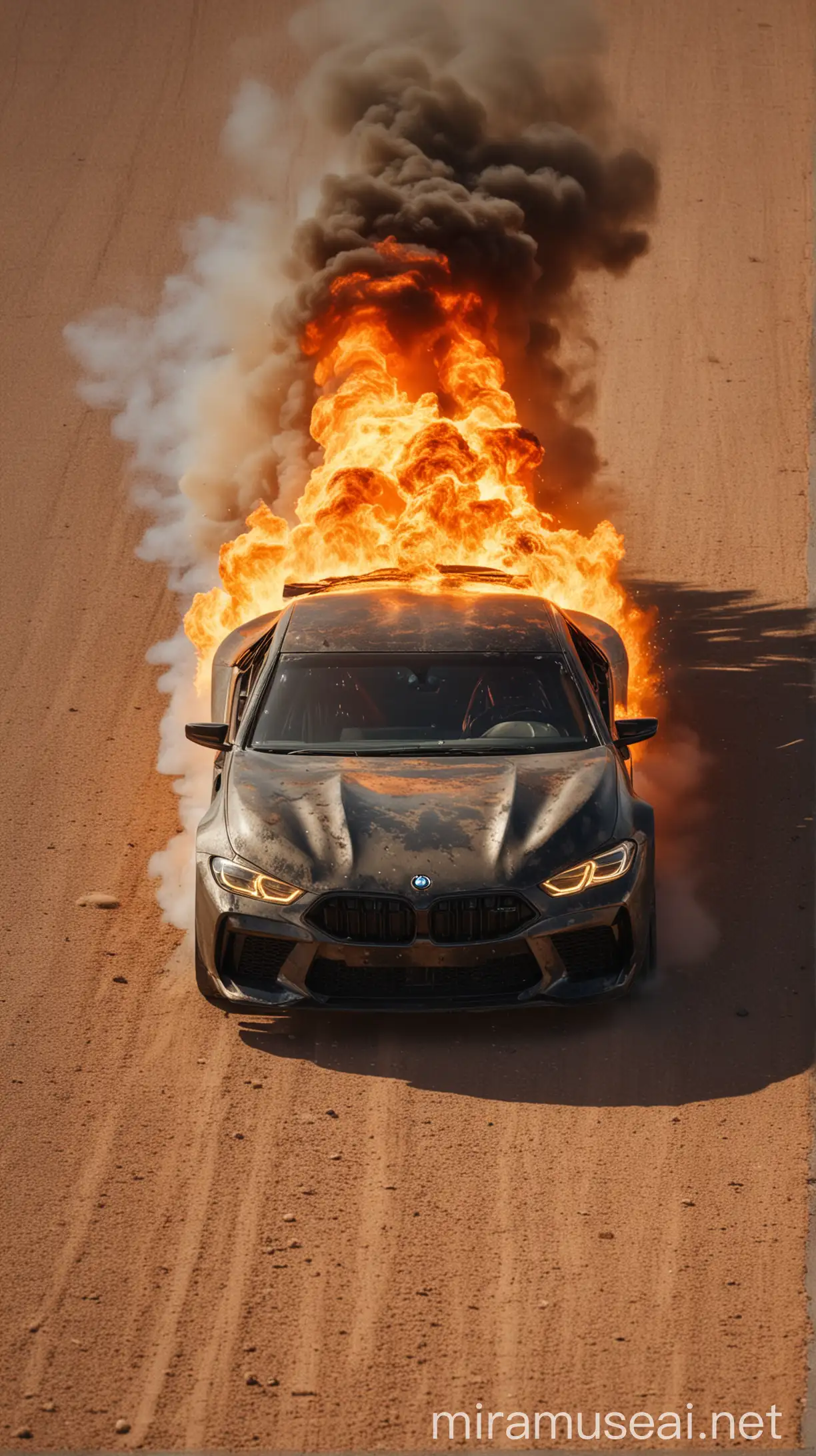 A BMW m 8 car with headlights on drives into the desert and burns, flames soaring into the sky