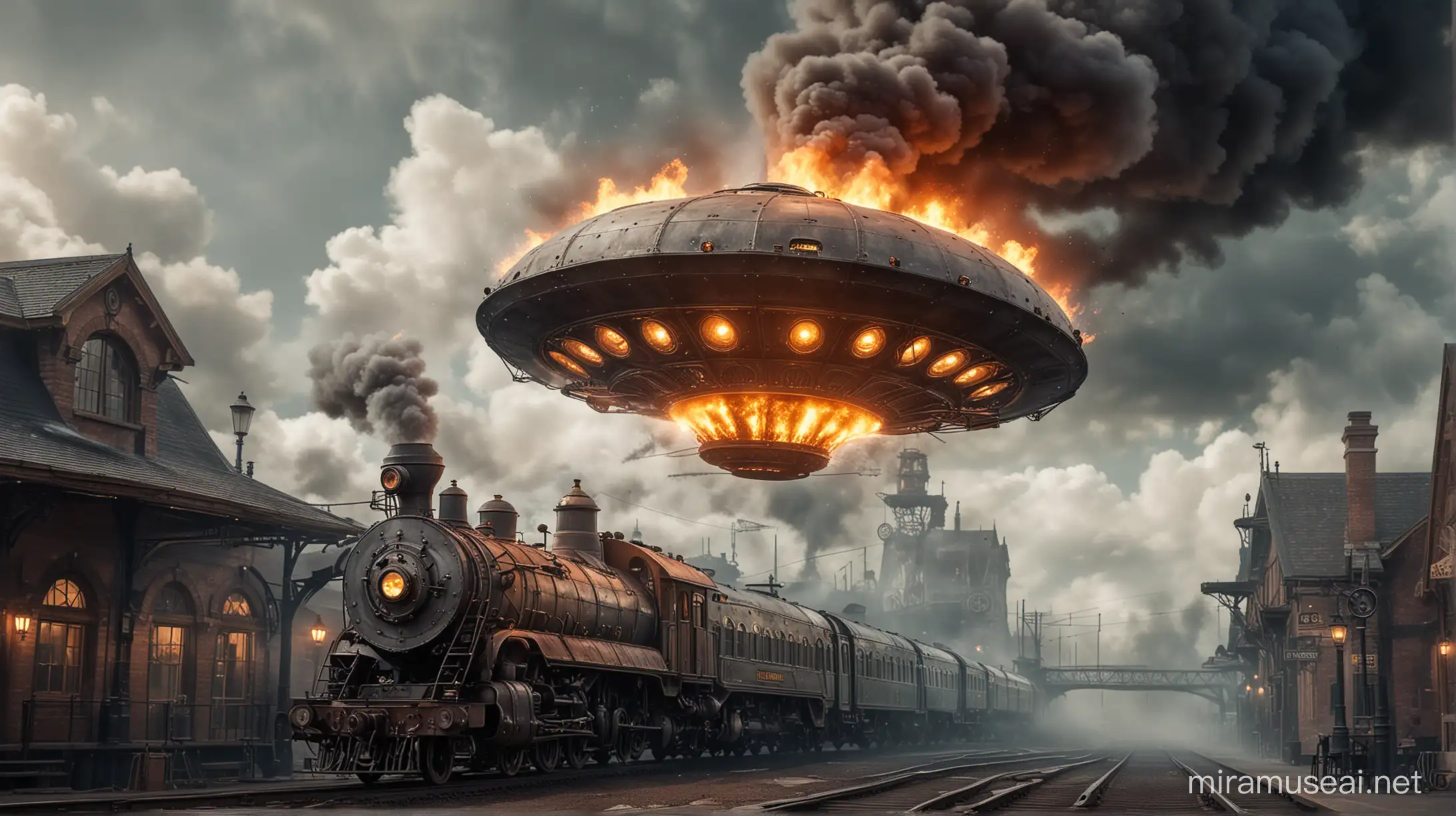 Steampunk Flying Saucer Engulfed in Smoke over Railway Station