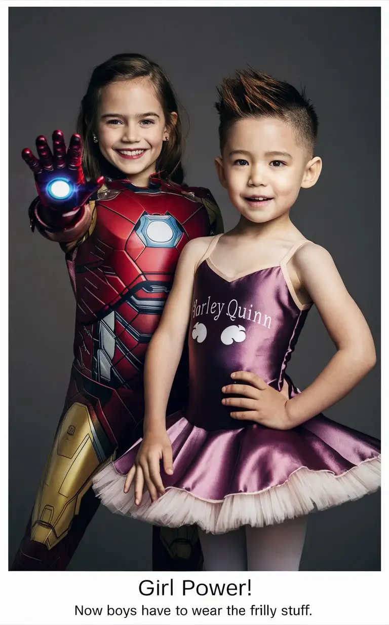 Gender role-reversal, Photograph of a 9-year-old smiling girl wearing a Iron Man superhero suit posing heroically, and a British white cute 7-year-old little moody boy with short smart spiky brown hair shaved on the sides wearing a silky Harley Quinn ballet dress and is doing a feminine pose, English, perfect children faces, perfect faces, smooth, the photograph is captioned “Girl power! Now boys have to wear the frilly stuff!”