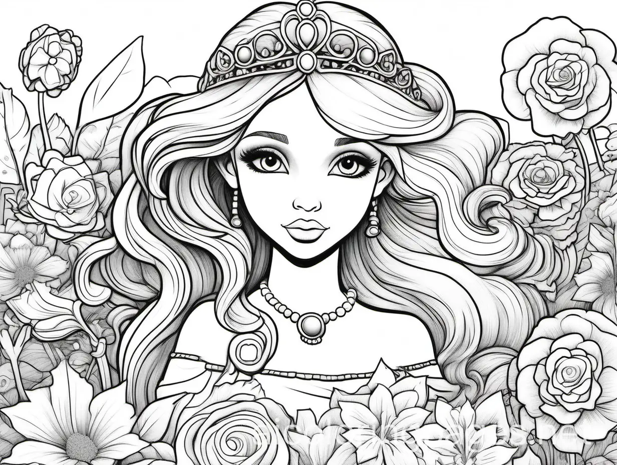 a drawing of a princess surrounded by flowers, line art colouring page, lineart behance hd, coloring pages, clean coloring book page, colouring pages, animated disney movie inking, by Jeremiah Ketner, beautiful line art, exquisite line art, 2d game lineart behance hd, 2 d game lineart behance hd, coloring book page, line art illustration, Coloring Page, black and white, line art, white background, Simplicity, Ample White Space. The background of the coloring page is plain white to make it easy for young children to color within the lines. The outlines of all the subjects are easy to distinguish, making it simple for kids to color without too much difficulty