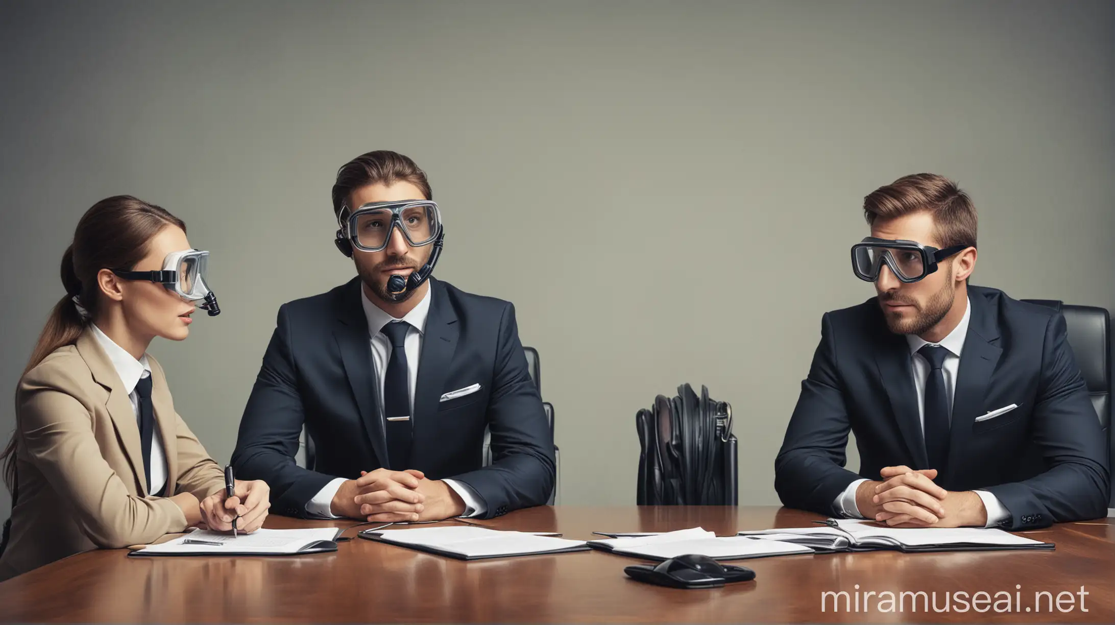 /imagine a suited man wearing in a meeting wearing a snorkel