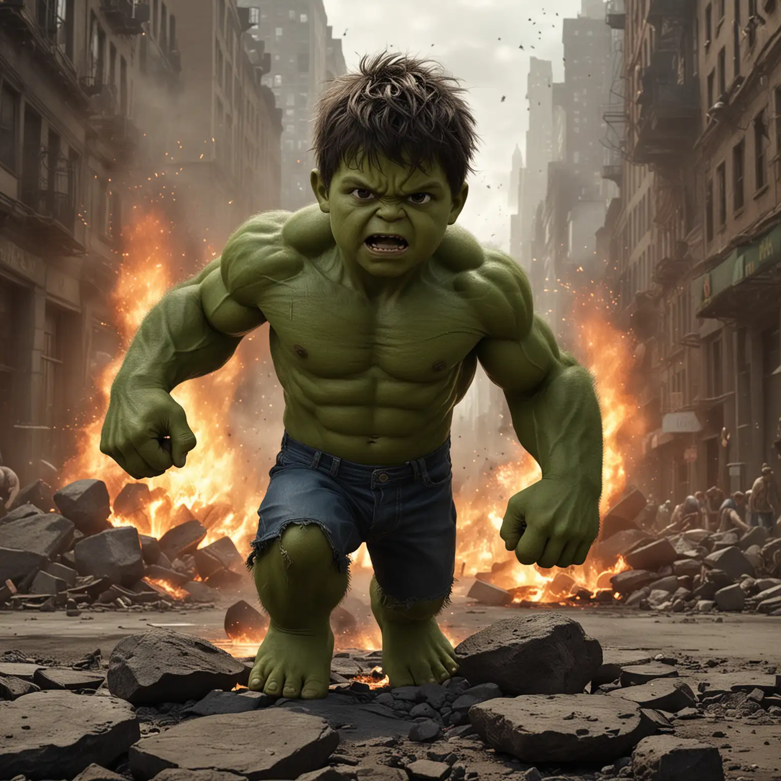A 6-year-old boy transforms into the Hulk and lifts a rock in the middle of a  burning city. The image is hyper realistic and gives it a cinematic touch as if it were directed by Zack Snyder.