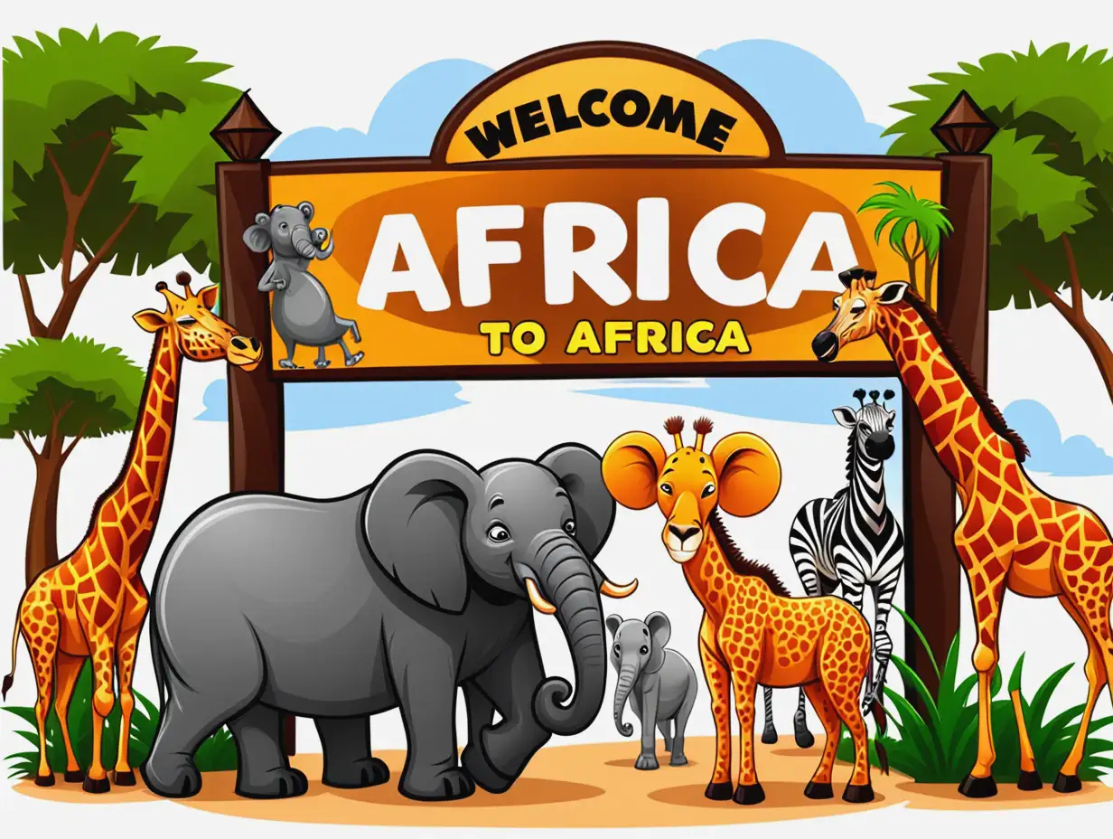 Colorful Cartoon Zoo Welcome Sign Featuring African Wildlife