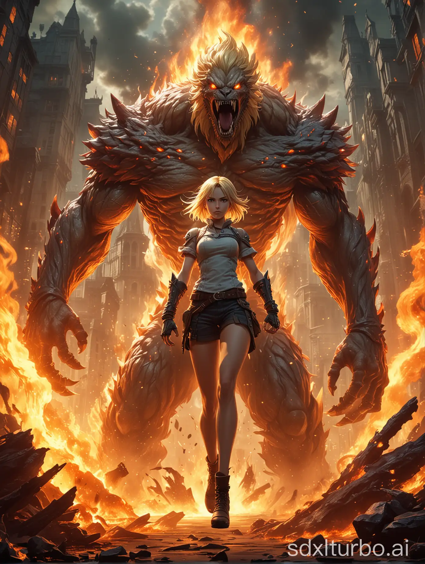 A battle action game style poster featuring a rendered anime style blonde haired girl in a dynamic full body pose facing off against a giant monster emerging from flames. High quality photo level.
