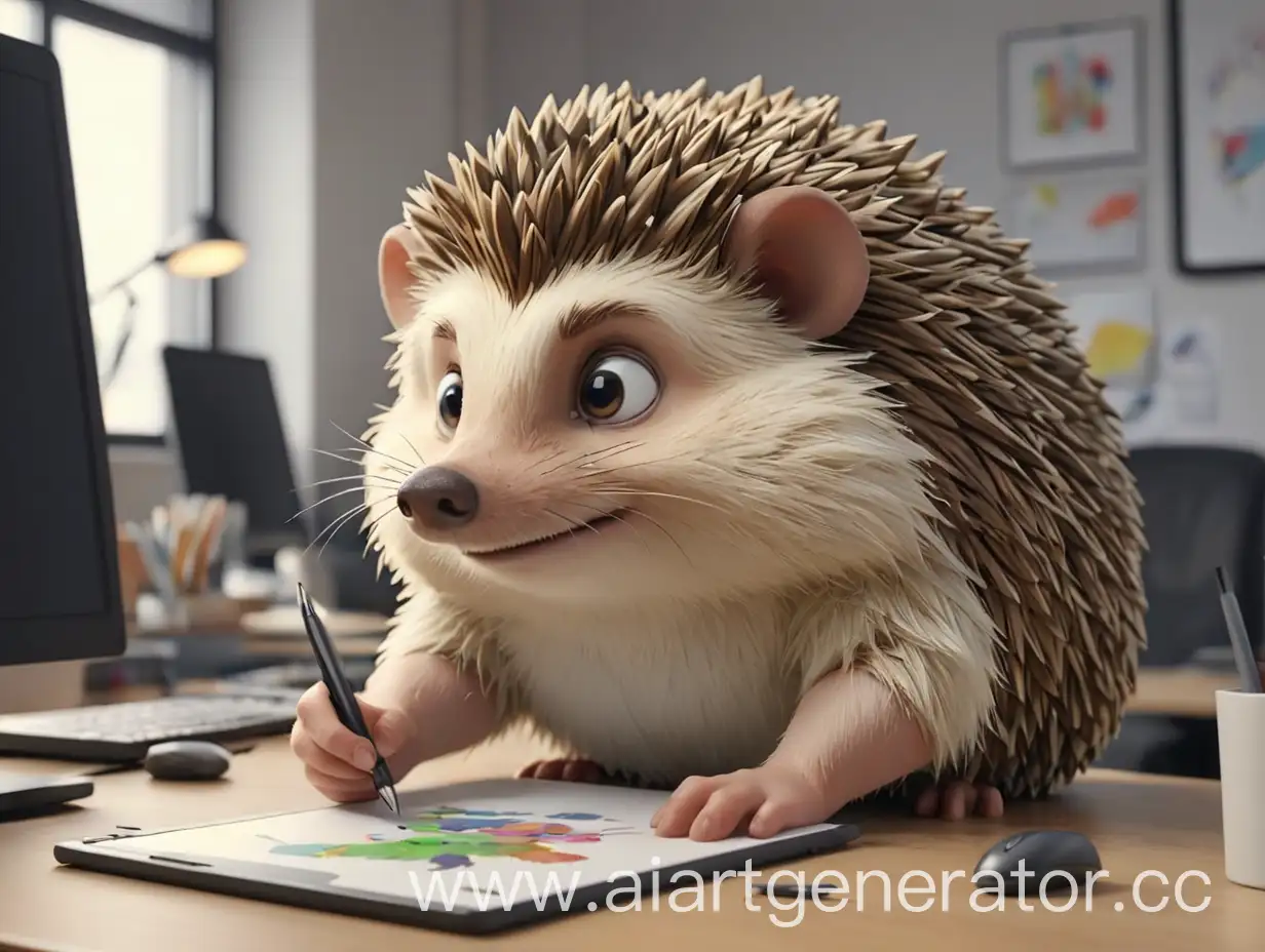 A hedgehog designer draws on a graphics tablet in the office, cartoon style