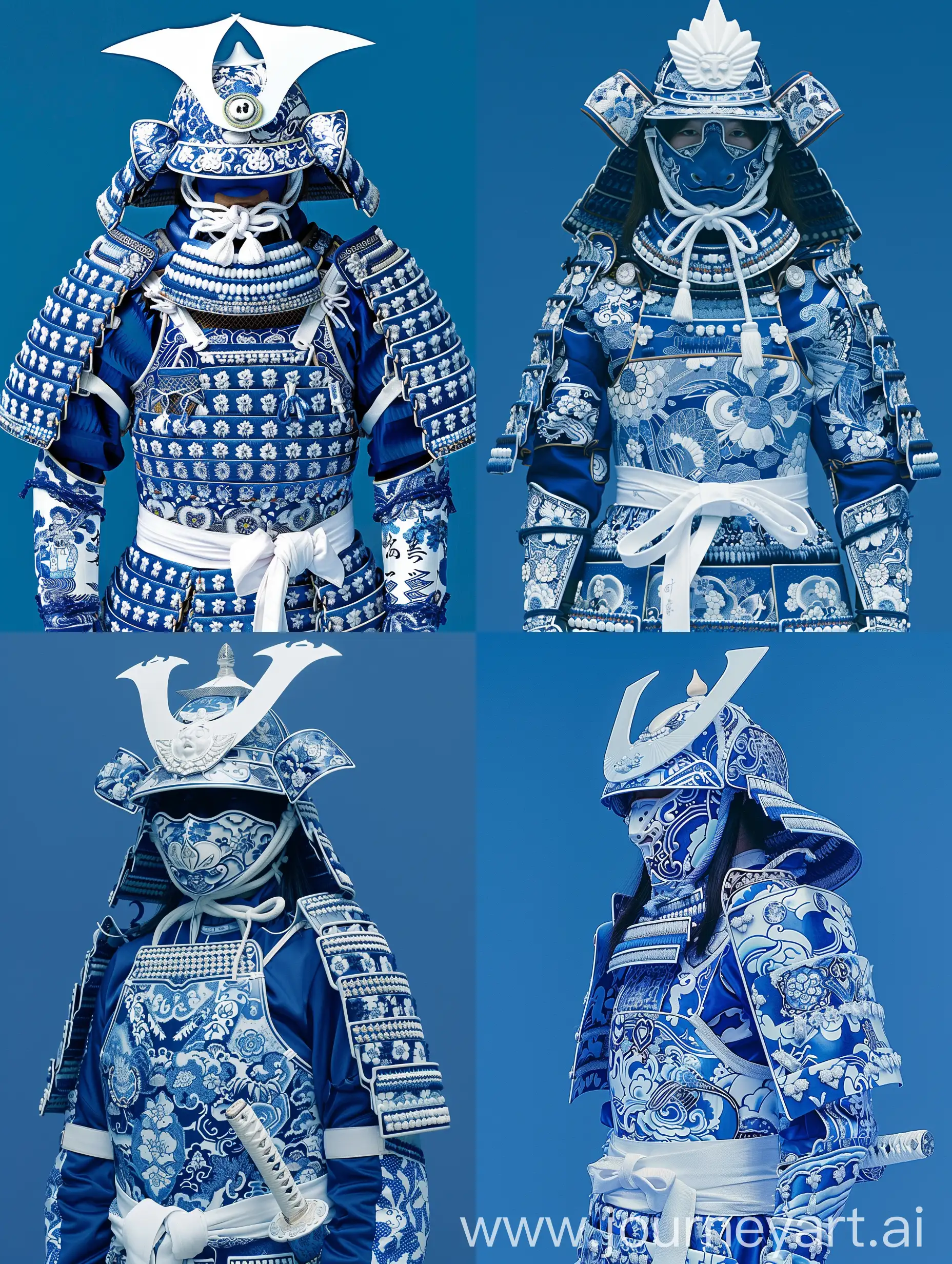 A person dressed in ornate, blue and white samurai armor, featuring intricate patterns and designs resembling traditional Asian porcelain art. The helmet is adorned with a prominent white crest and decorative elements. The outfit includes a white belt tied at the waist and a sheathed sword. The background is a solid blue, complementing the colors of the armor.