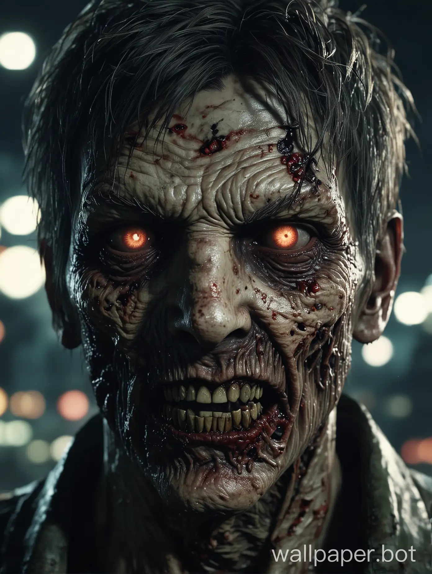 Close-up of a creepy zombie face, resident evil, highly detailed game character with sharp eyes and a gentle smile, against a blurred night cityscape background