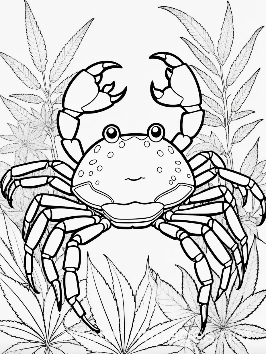 crab surrounded by marijuana plants, Coloring Page, black and white, line art, white background, Simplicity, Ample White Space. The background of the coloring page is plain white to make it easy for young children to color within the lines. The outlines of all the subjects are easy to distinguish, making it simple for kids to color without too much difficulty