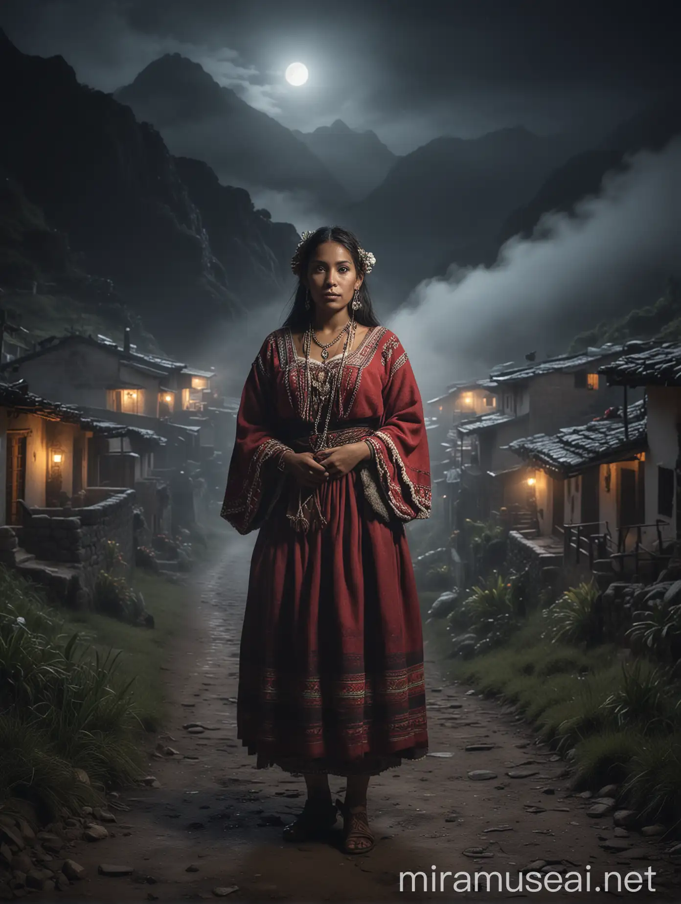 Peruvian woman in a mountain village, traditional clothing, sexy, at night, moonlight, regal, dense fog, epic, cinematic, atmospheric