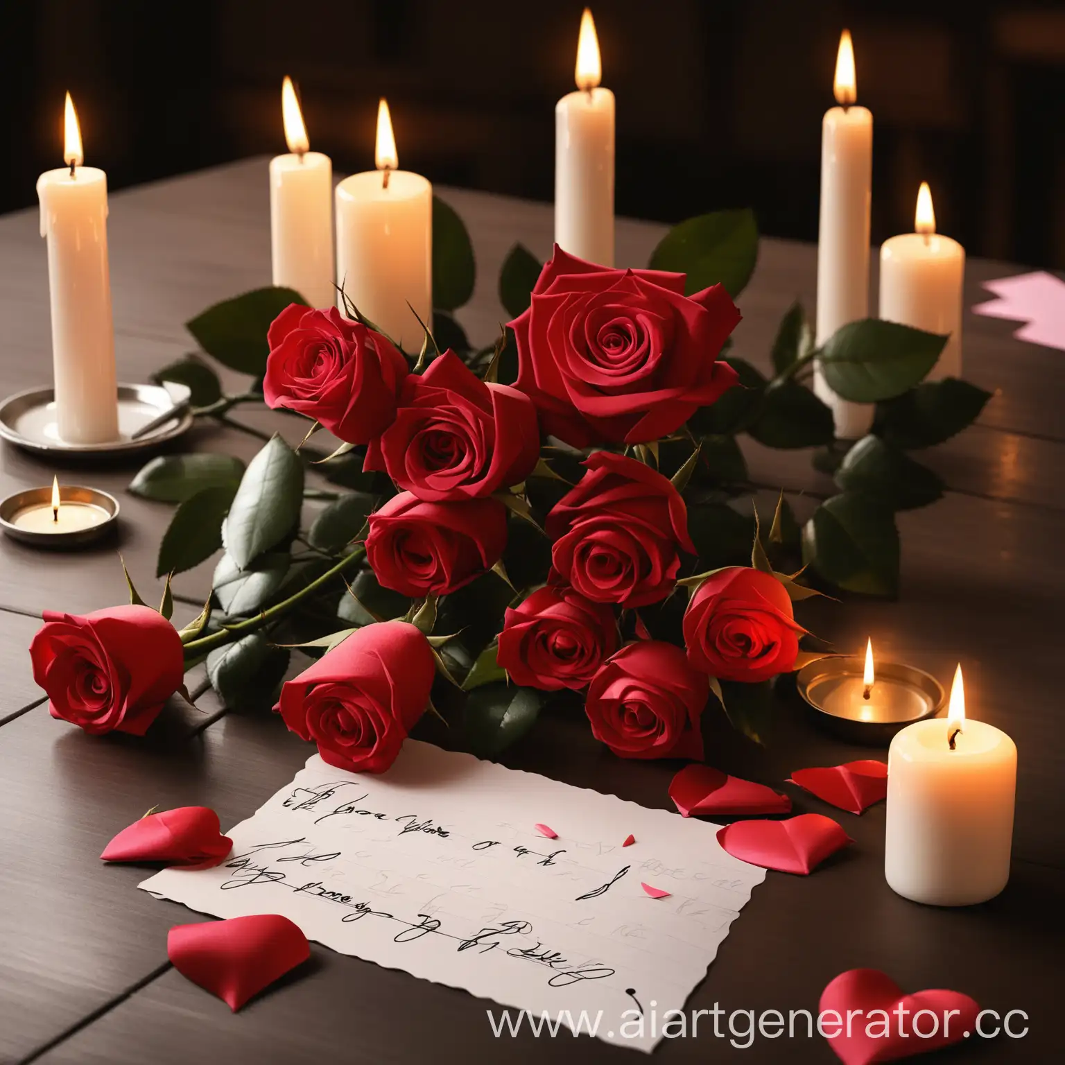 розы на столе, записка, свечи