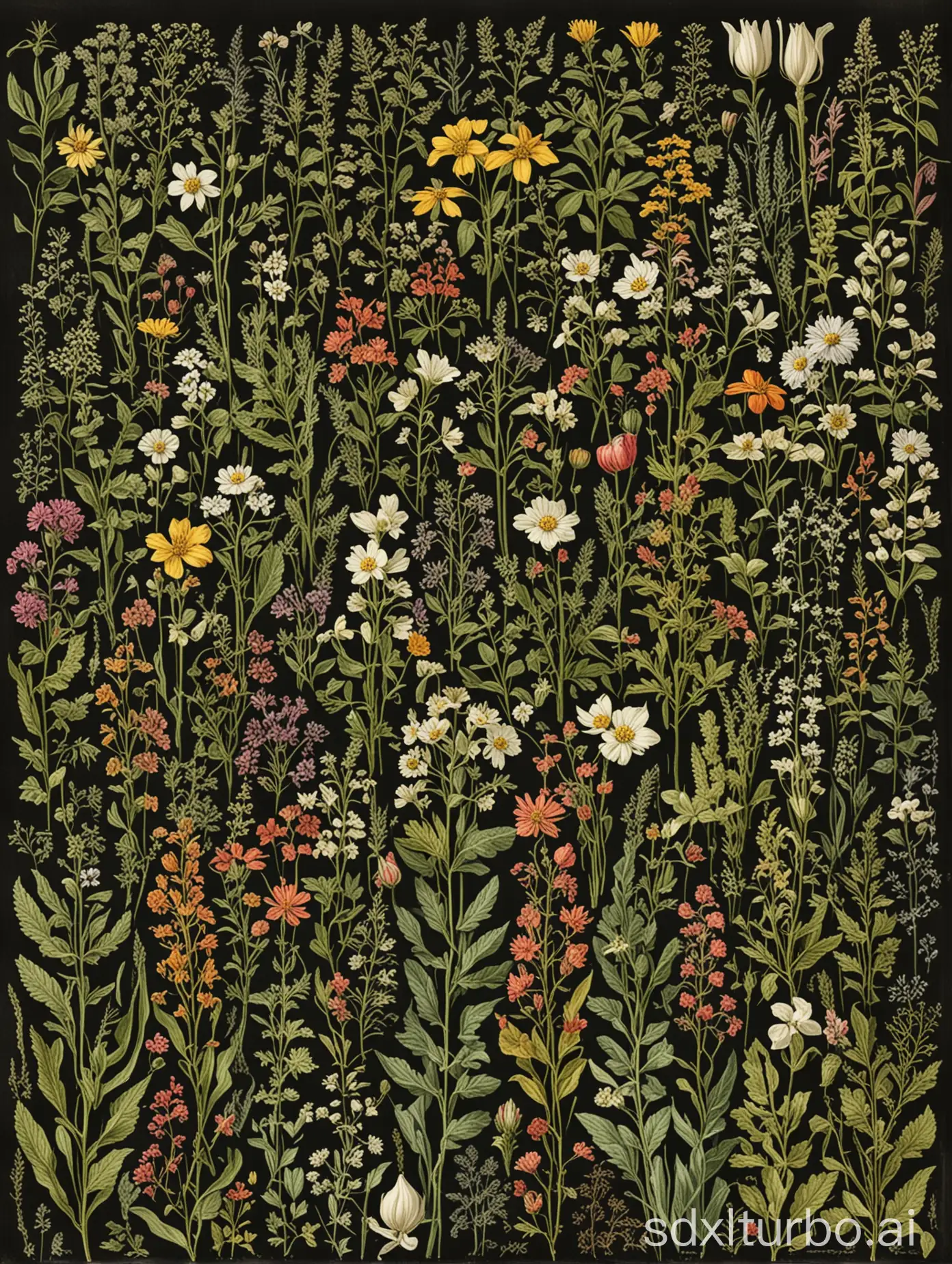 Botanical herbarium poster of wildflowers, hyper detailed