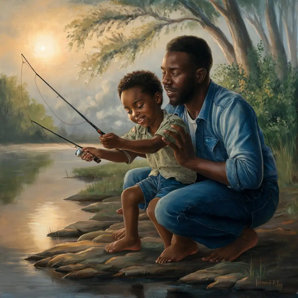 CREATE A PAINTING OF A BLACK FATHER AND SON ON A RIVER BANK FISHING