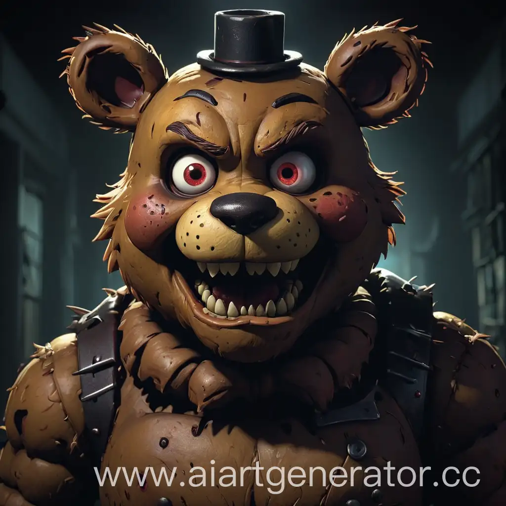Dreamlike horror portrait of Freddy Fazbear from Five Nights at Freddy’s, lurking in the shadows, sharp teeth and claws, evil glowing eyes, surrounded by darkness and emptiness