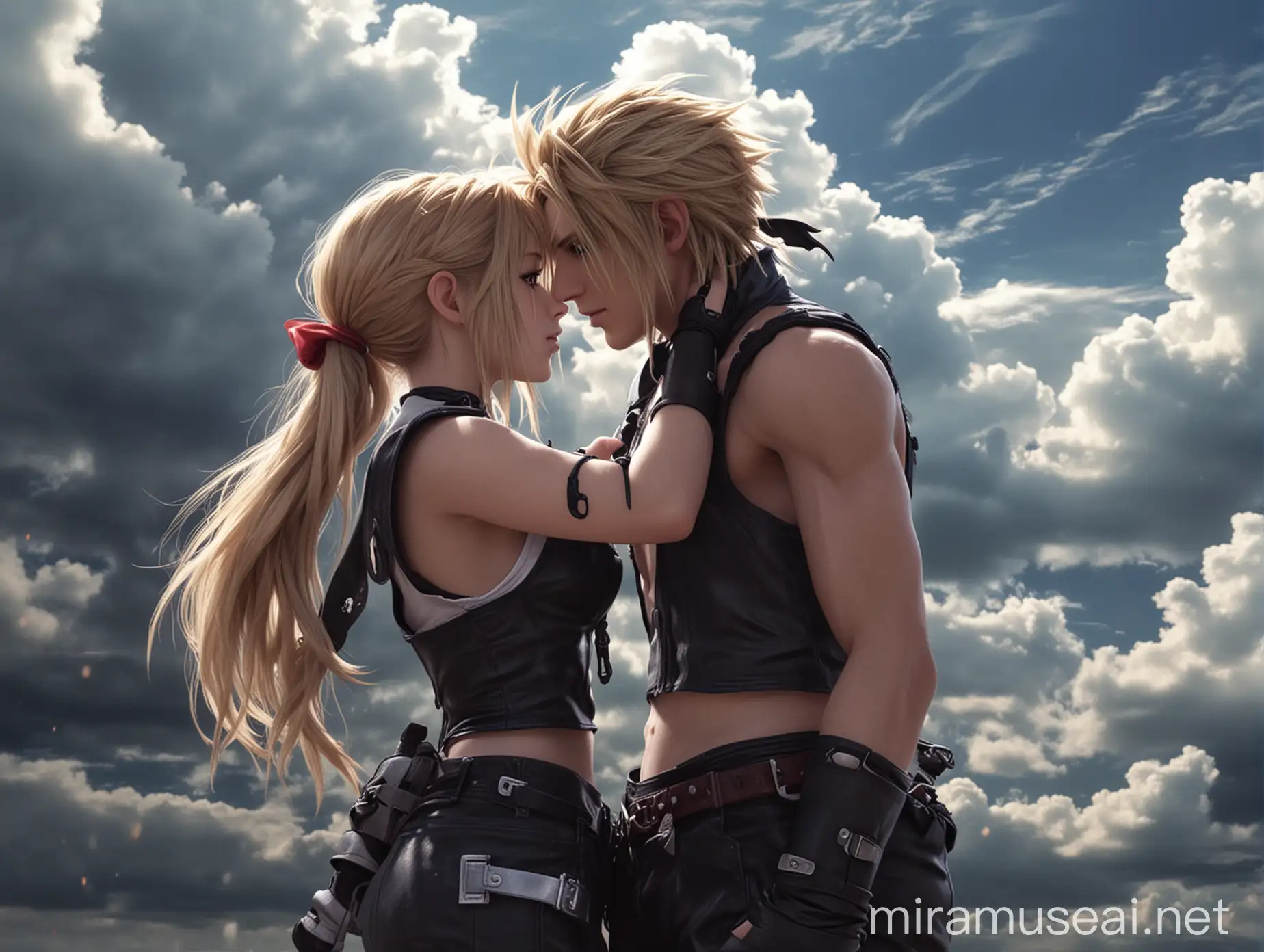 romantic pic of cloud and tifa from final fantasy falling in love