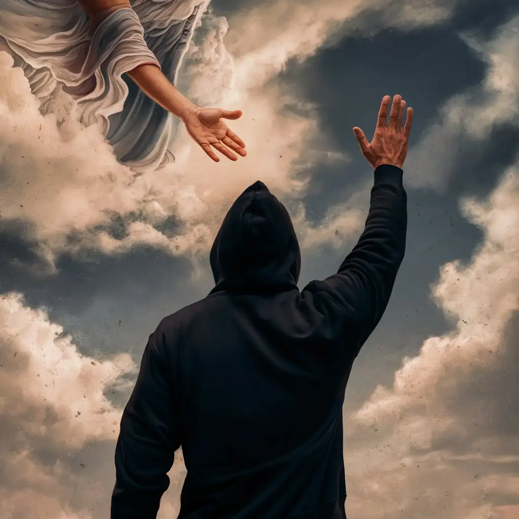 En man med svart luvtröja, luvan är uppfälld, wearing a black hoodie, man ser honom bakifrån, han sträcker upp sin hand mot himlen, en kvinnas hand sträcker sig ner från himlen, man ser inte ansikten, illustrerad 