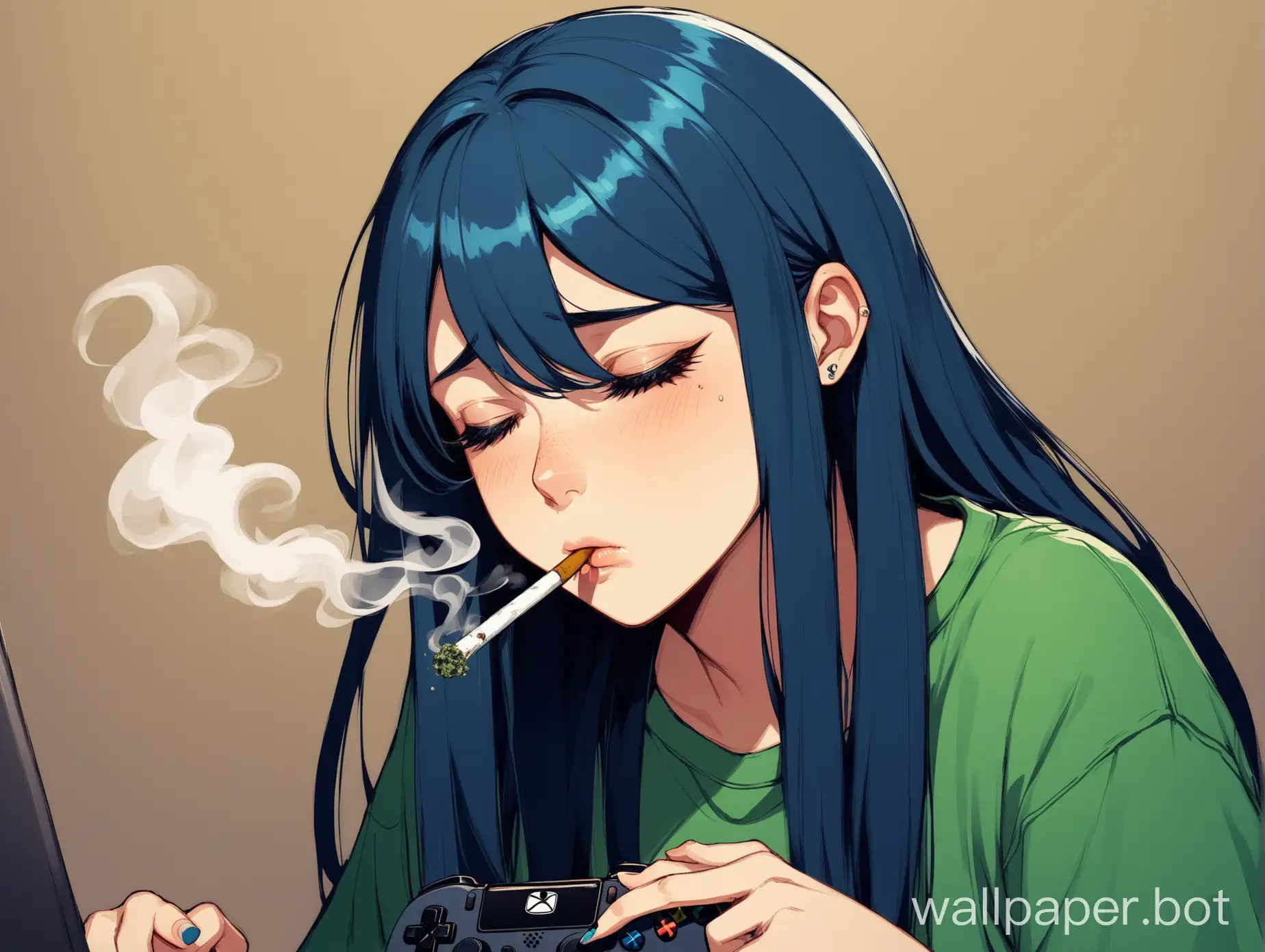 Chill-Stoner-Gamer-Girl-with-Long-Dark-Blue-Hair-Smoking-Weed