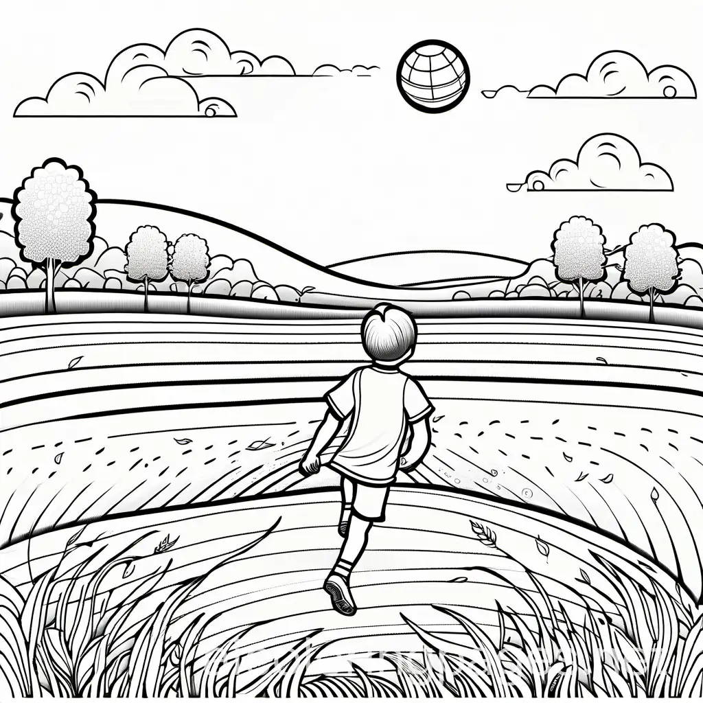 A boy playing with a ball in a field

, Coloring Page, black and white, line art, white background, Simplicity, Ample White Space. The background of the coloring page is plain white to make it easy for young children to color within the lines. The outlines of all the subjects are easy to distinguish, making it simple for kids to color without too much difficulty