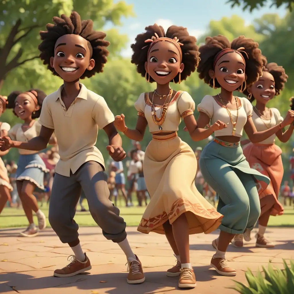 defined 3D cartoon-style African American teens doing a traditional dance in the park smiling